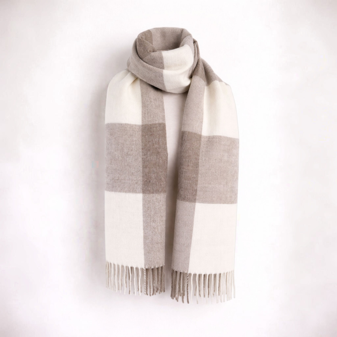 Baby alpaca check scarf in camel and cream, soft winter accessory.