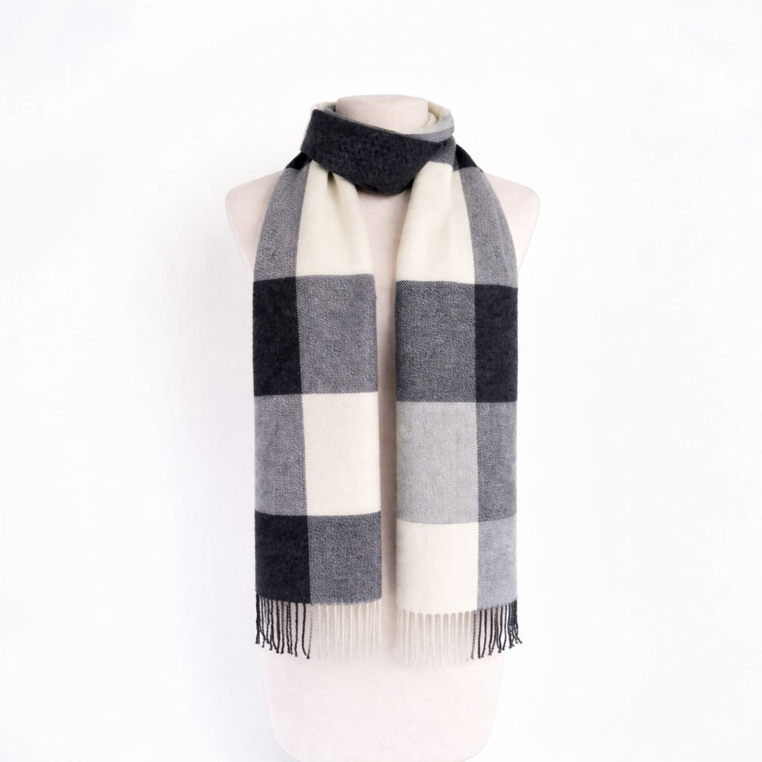 Alpaca scarf with grey and ivory check pattern, warm natural fibre scarf