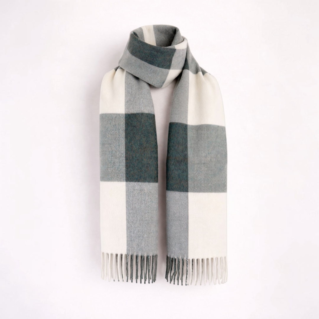 Alpaca scarf in moss green and cream, lightweight warm scarf for cool weather.
