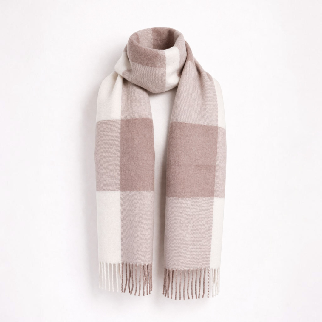 Alpaca scarf in soft rose plaid pattern, warm breathable winter scarf.