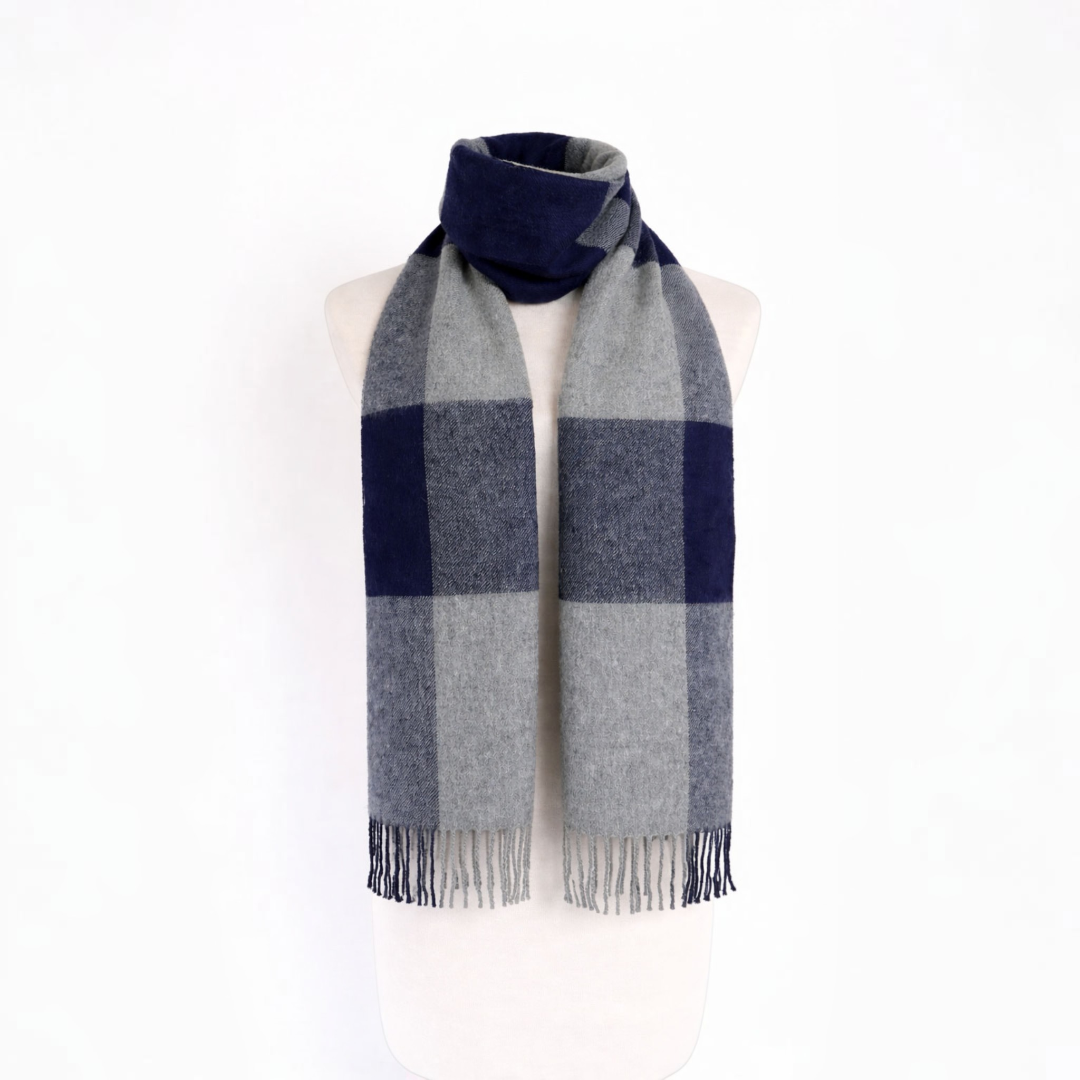 Soft alpaca stripe scarf in navy and silver grey, lightweight winter layer.