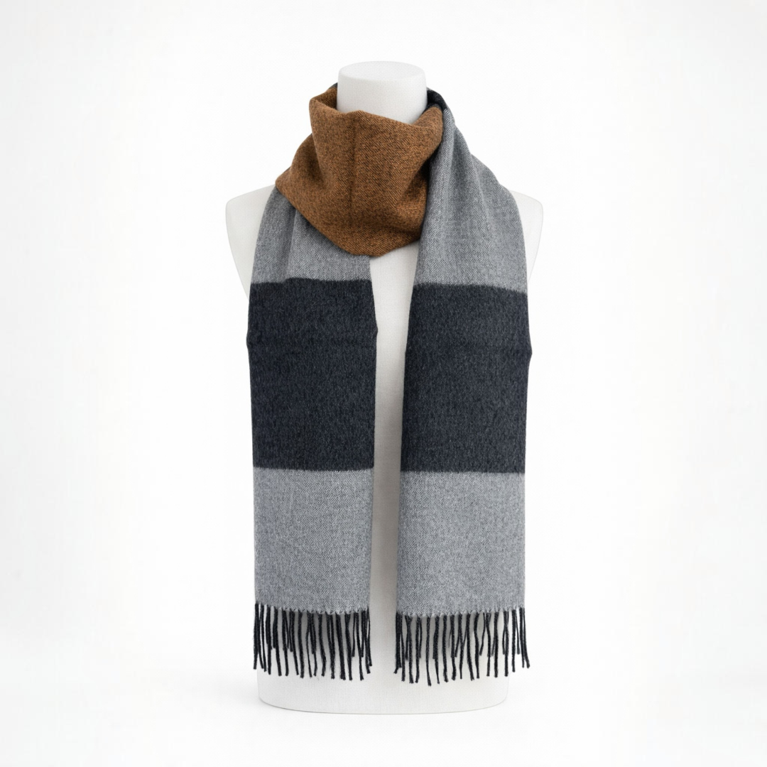 Soft alpaca scarf in mustard, silver and charcoal check, warm lightweight layer.