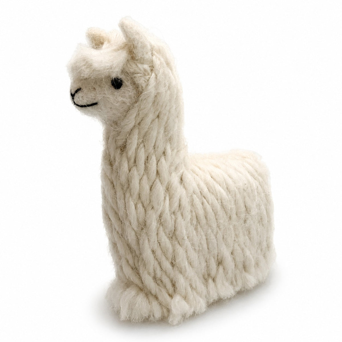 Handmade needle felted suri alpaca in natural white, soft wool animal decoration.