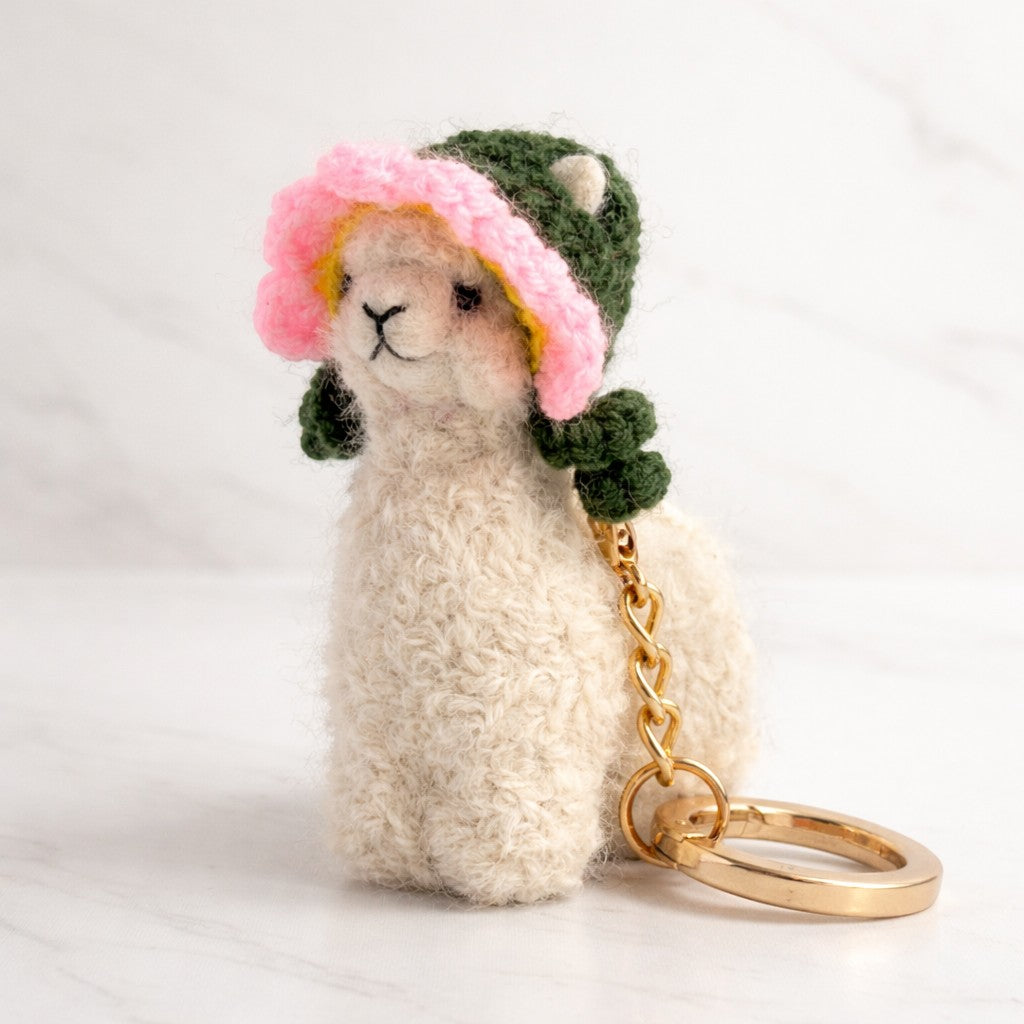 Handmade needle felted alpaca gift with pink flower hat from Australian Alpaca Barn