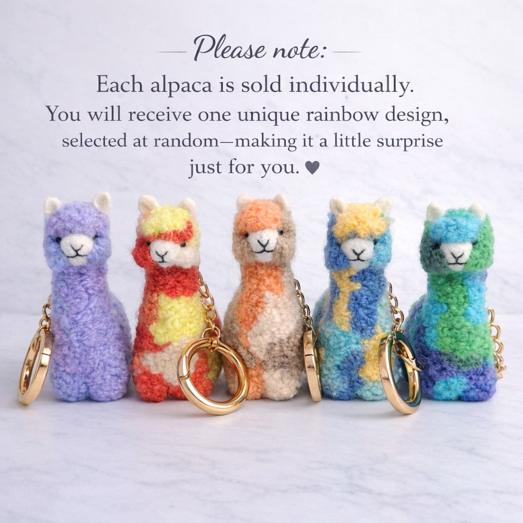 Colourful alpaca keychains on a white background with text about uniqueness.