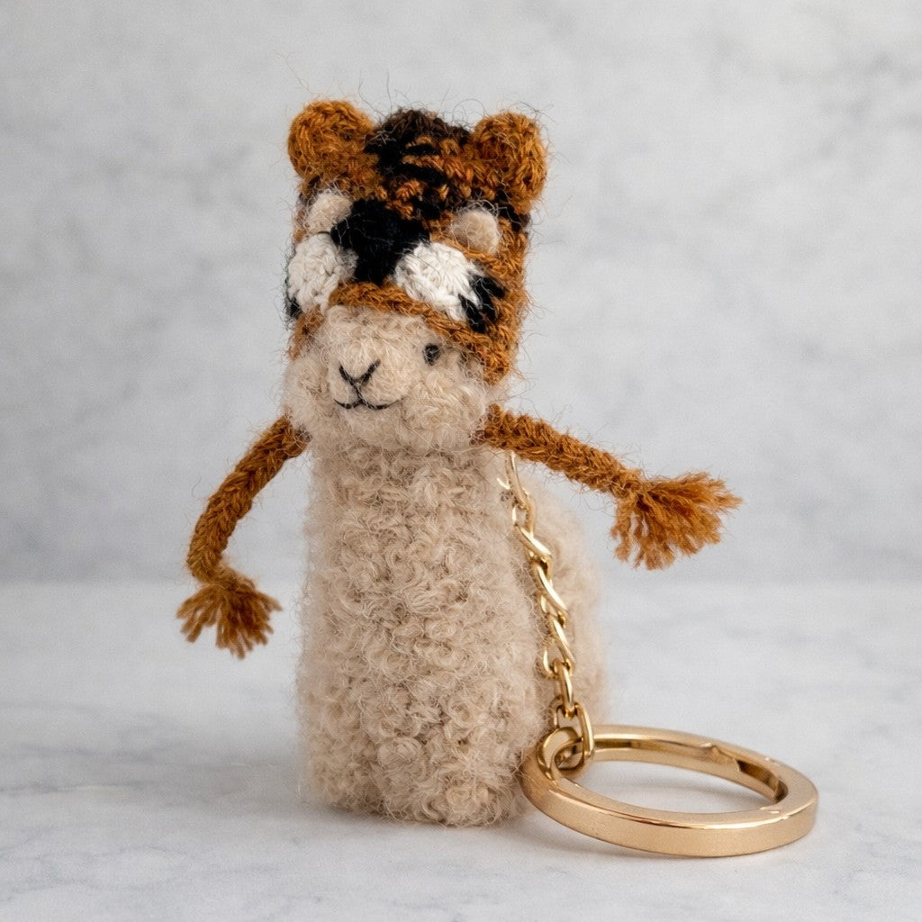 Needle felted alpaca keyring with tiger hat