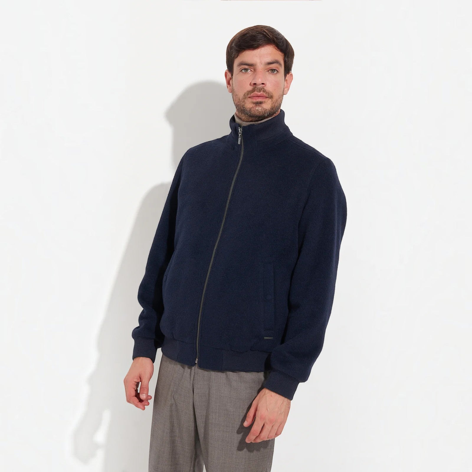 Kuna Alois men’s Baby Alpaca and Wool bomber jacket in navy