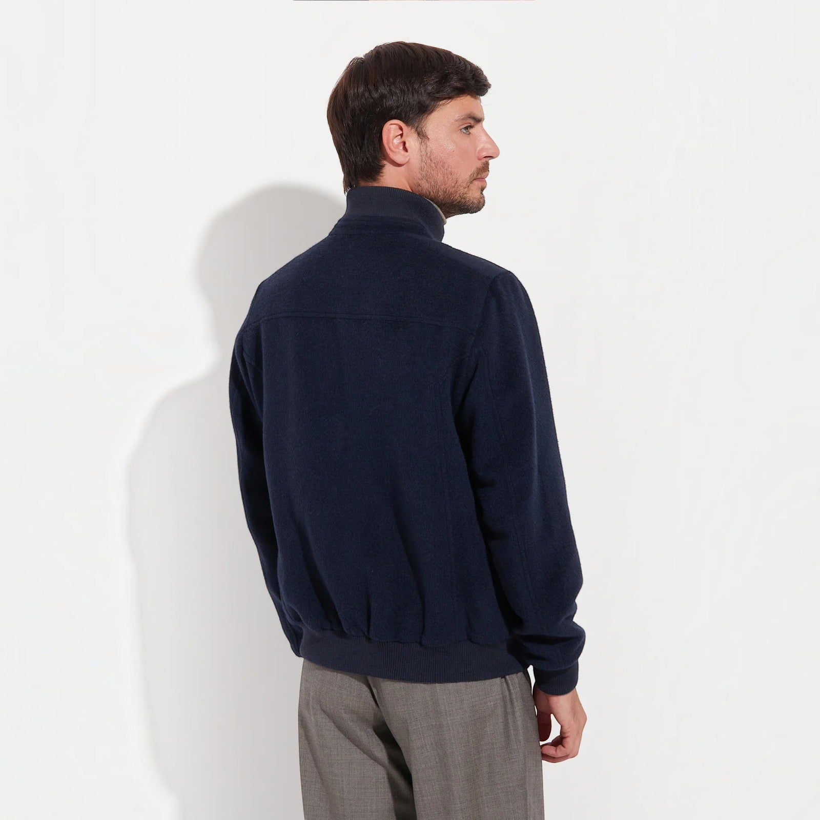 Men’s navy Alois alpaca bomber jacket with full zip front