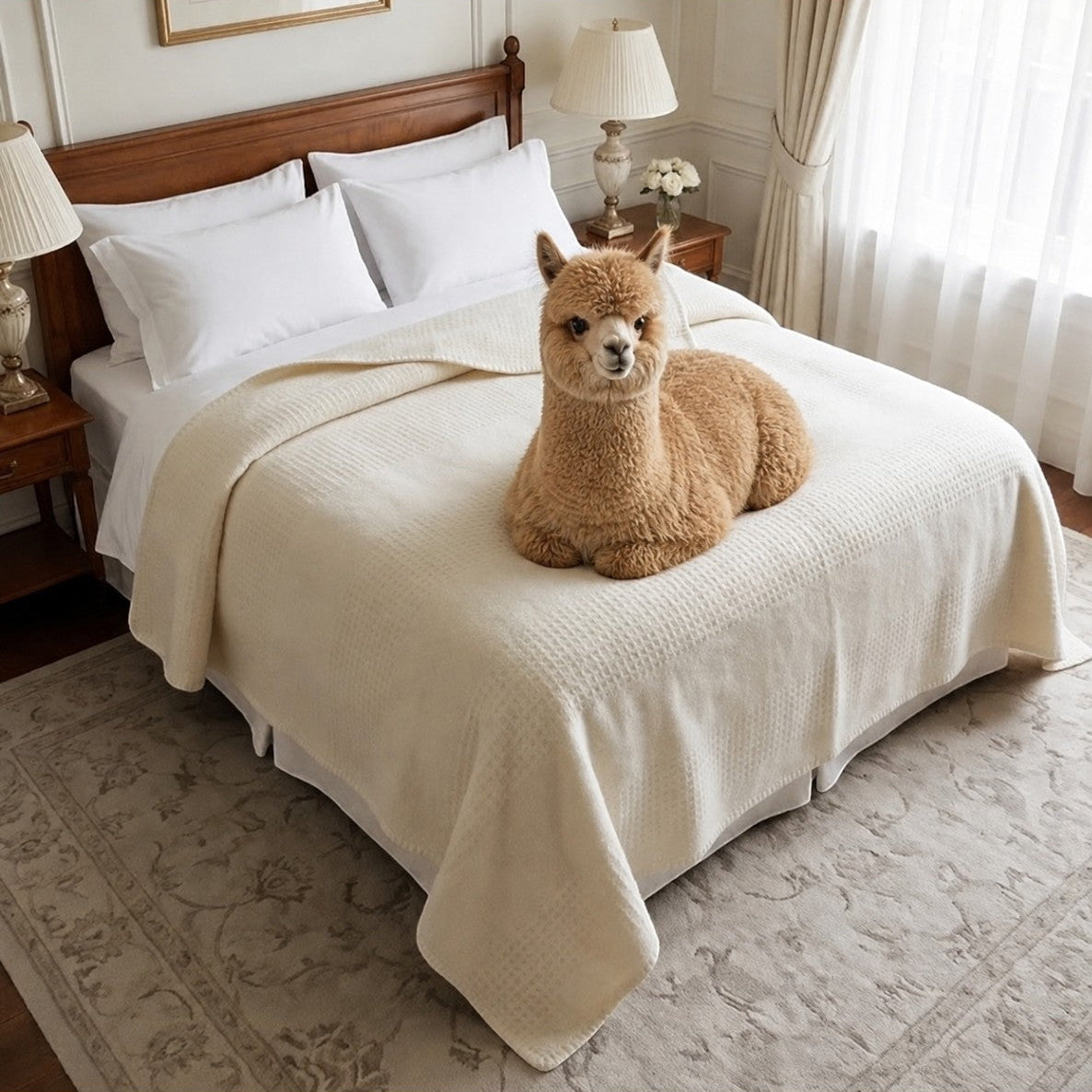 Light brown alpaca sitting on a cream textured alpaca blanket in an elegant neutral bedroom.
