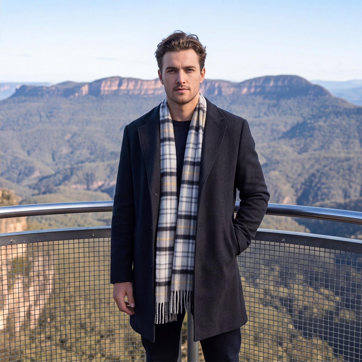 Man wearing Alpaca and Cashmere scarf in the blue mountains Australia