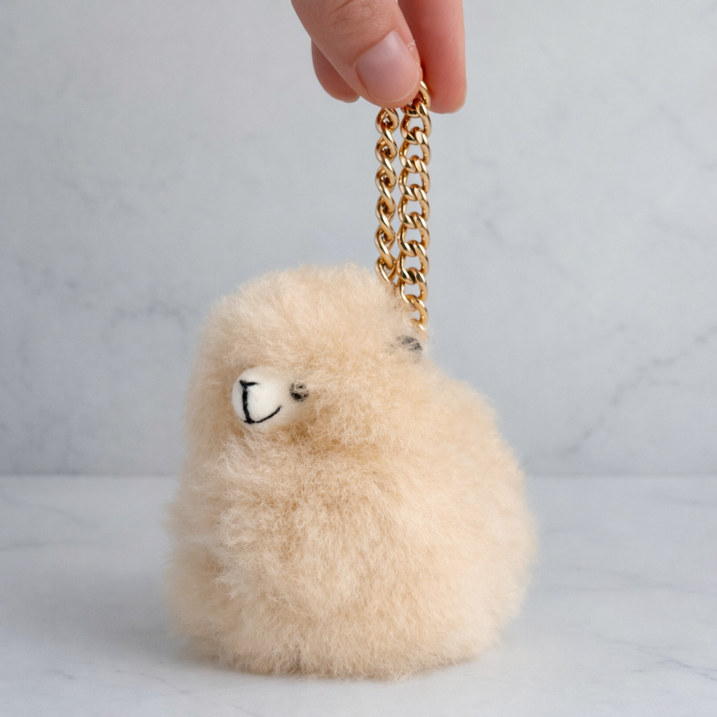 Cute alpaca shaped bag charm made from alpaca fur in beige