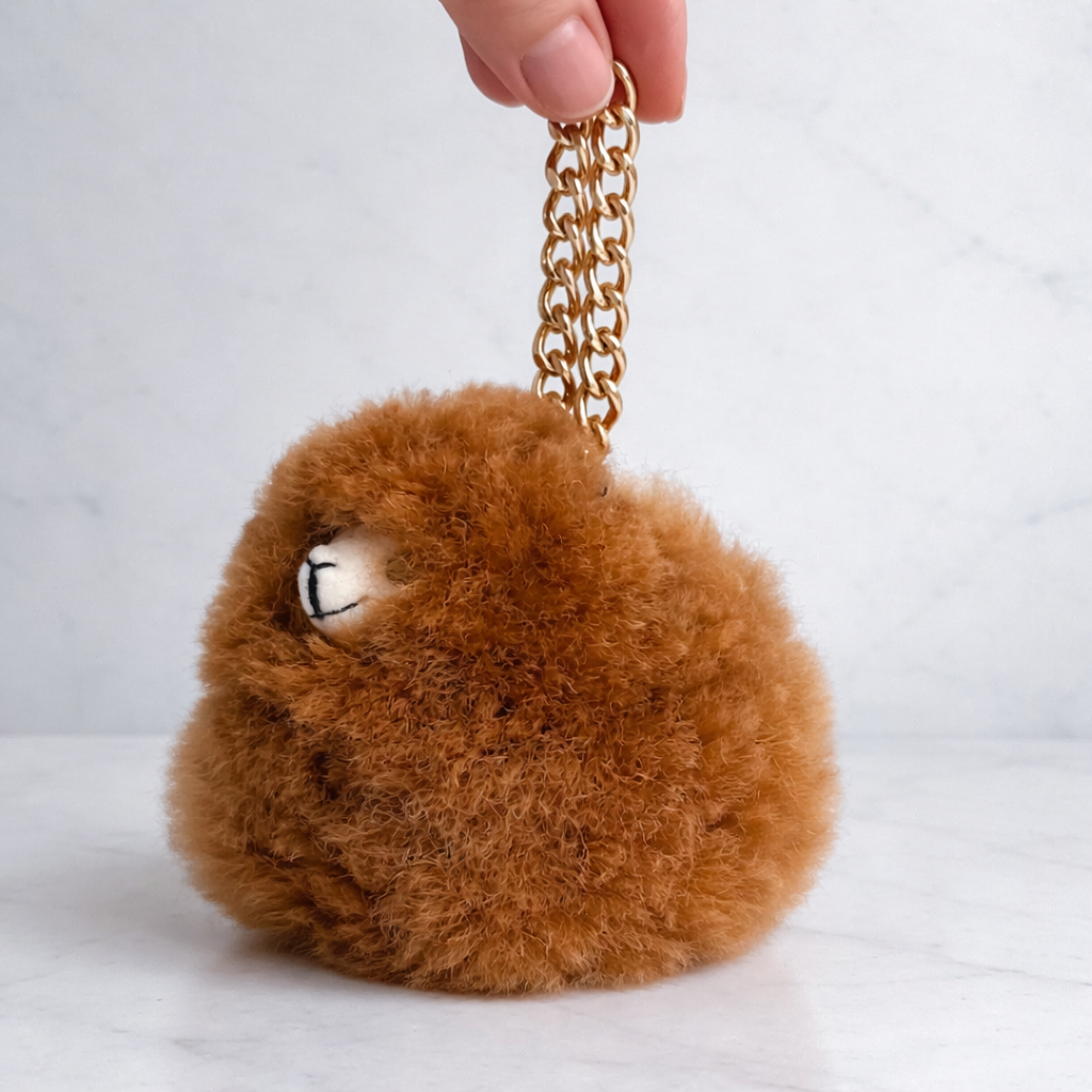 Fluffy camel alpaca shaped keyring made from alpaca fur