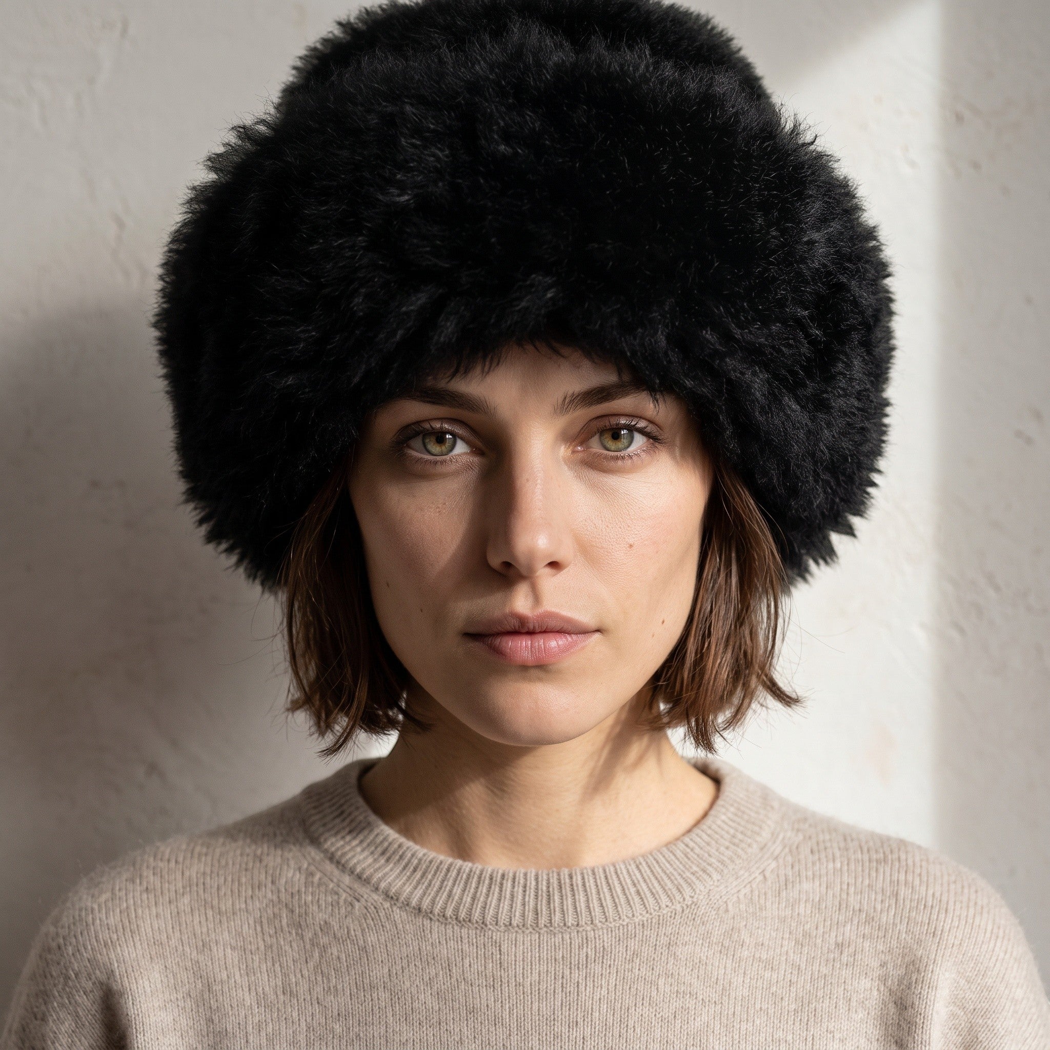 Black natural alpaca fur hat with soft plush texture