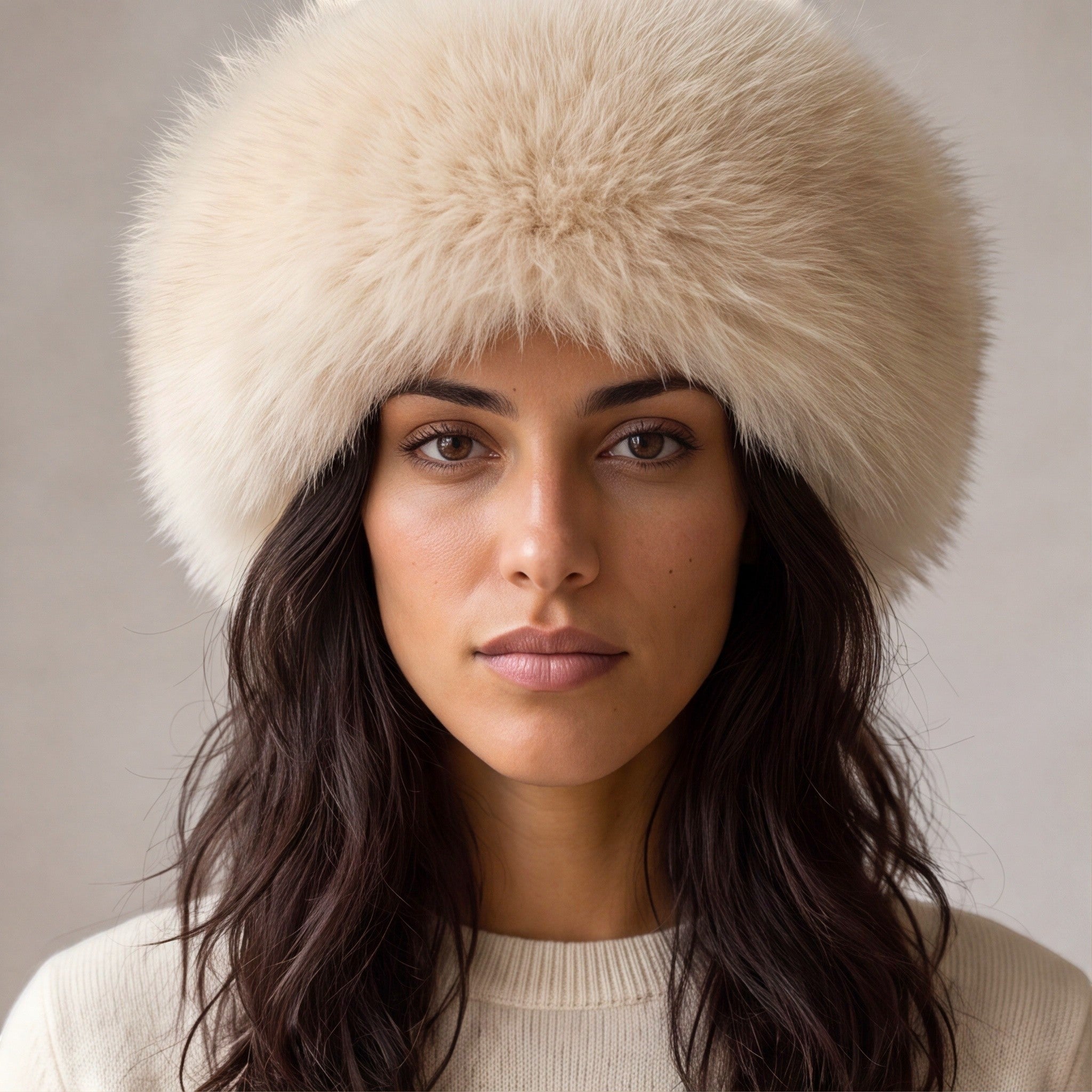 Taupe natural alpaca fur hat with soft plush texture
