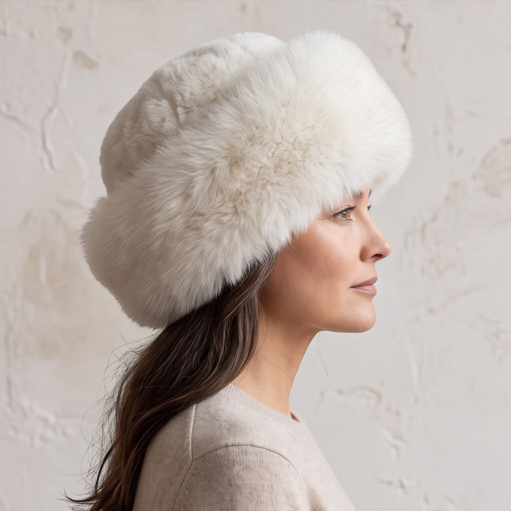 White natural alpaca fur hat with soft fluffy texture