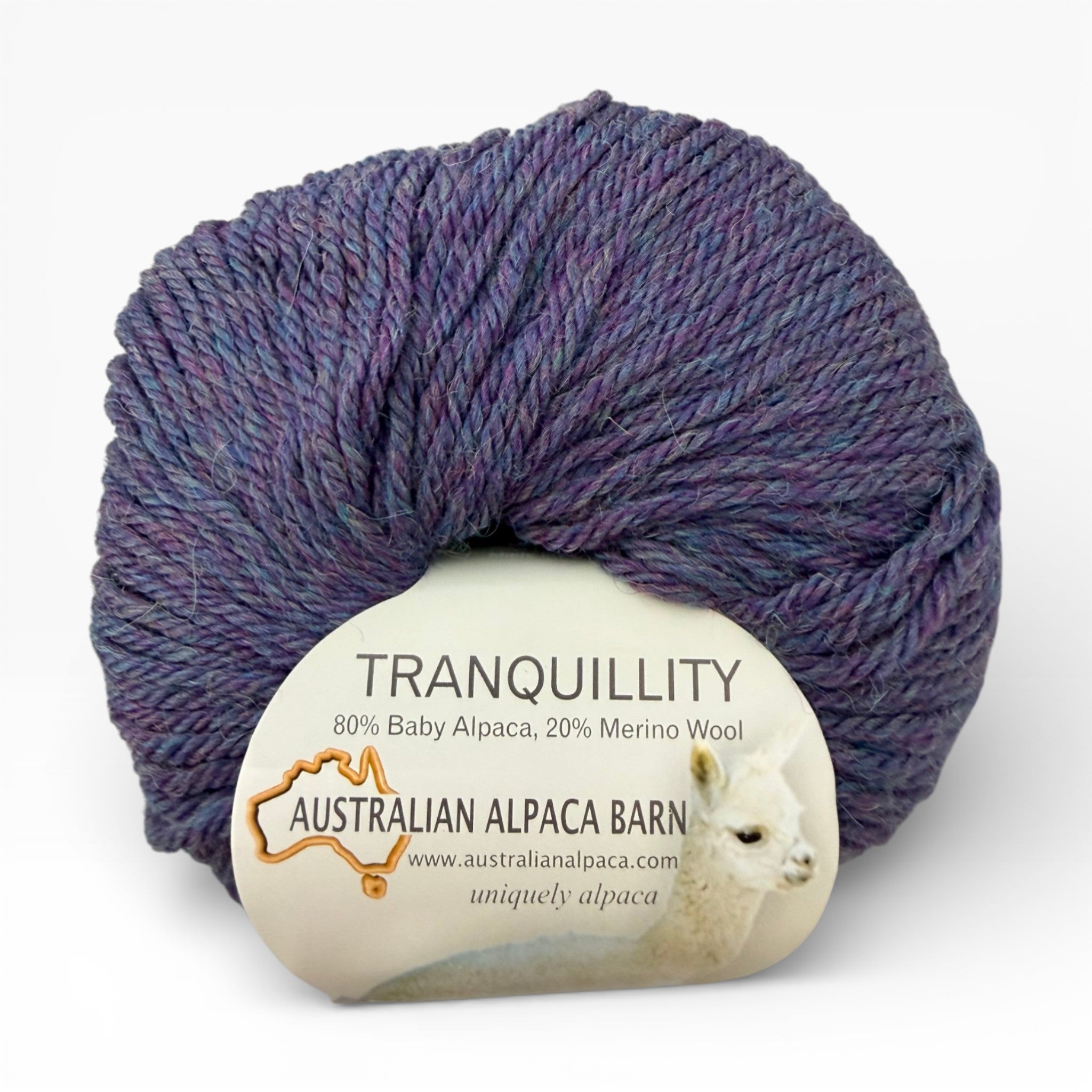 Ball of alpaca yarn labeled 'Tranquillity' from Australian Alpaca Barn on a white background