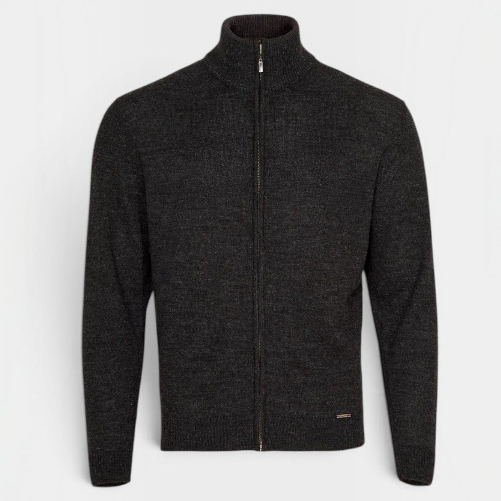 Men’s charcoal Andreas Baby Alpaca cardigan with stand collar