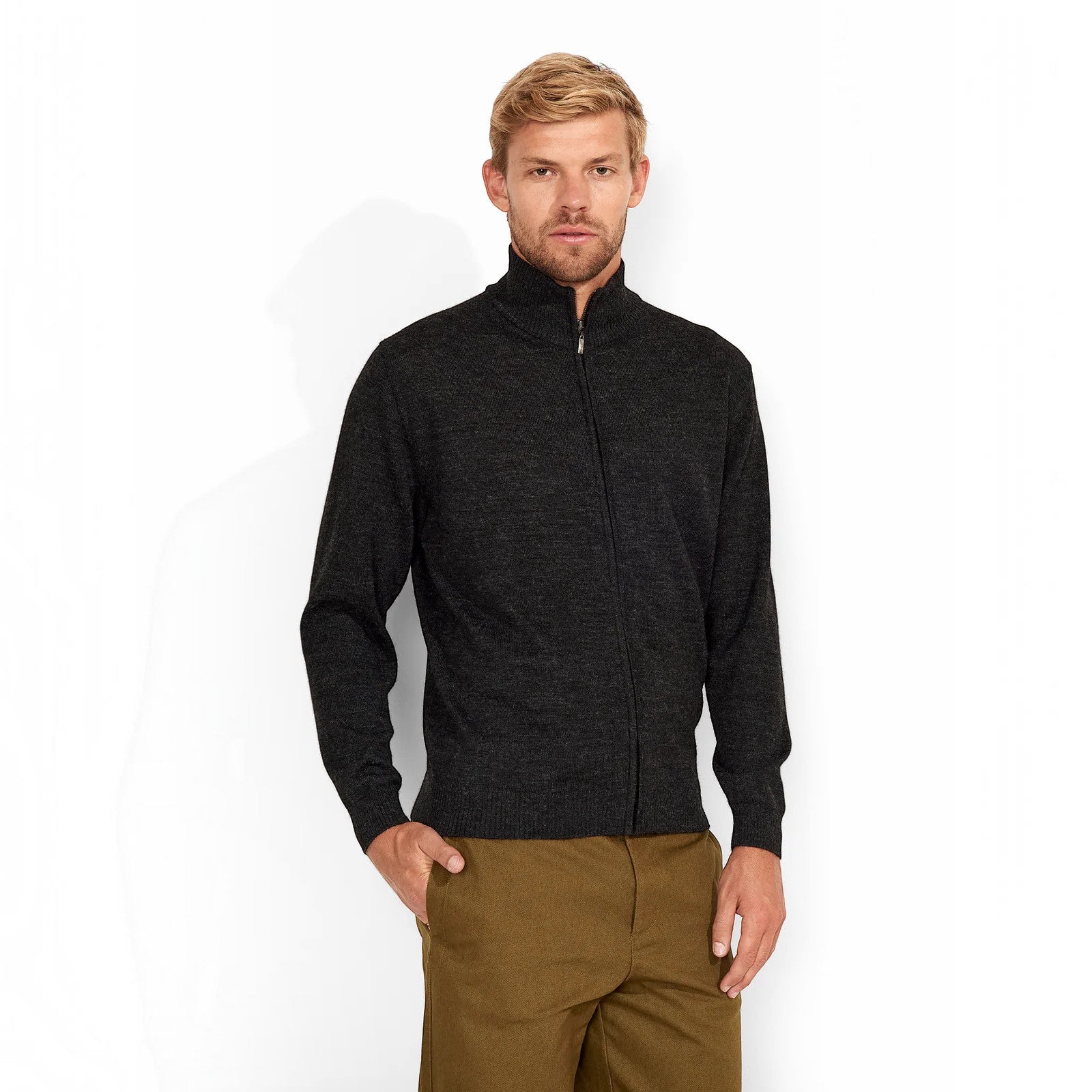 Andreas men’s 100% Baby Alpaca full zip cardigan in charcoal