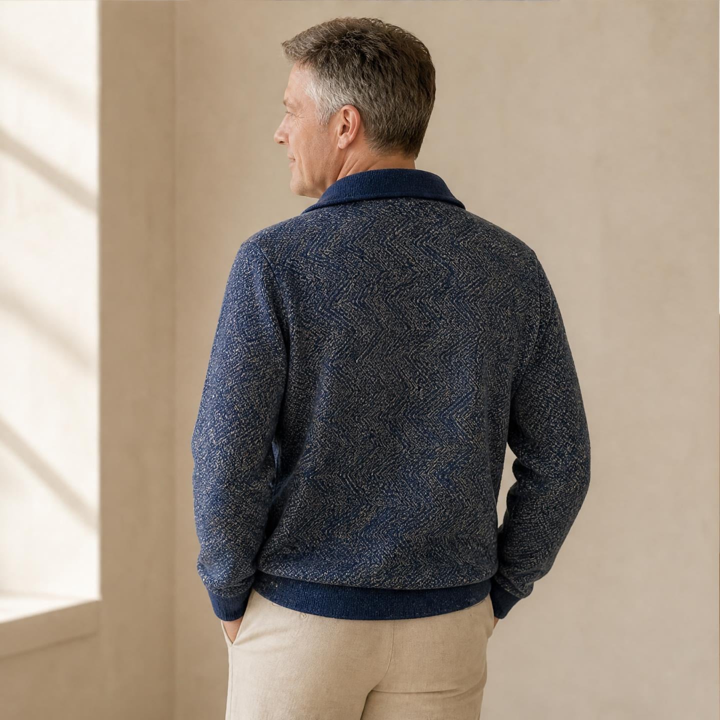 model wearing Men’s alpaca knit jumper with half zip and ribbed cuffs