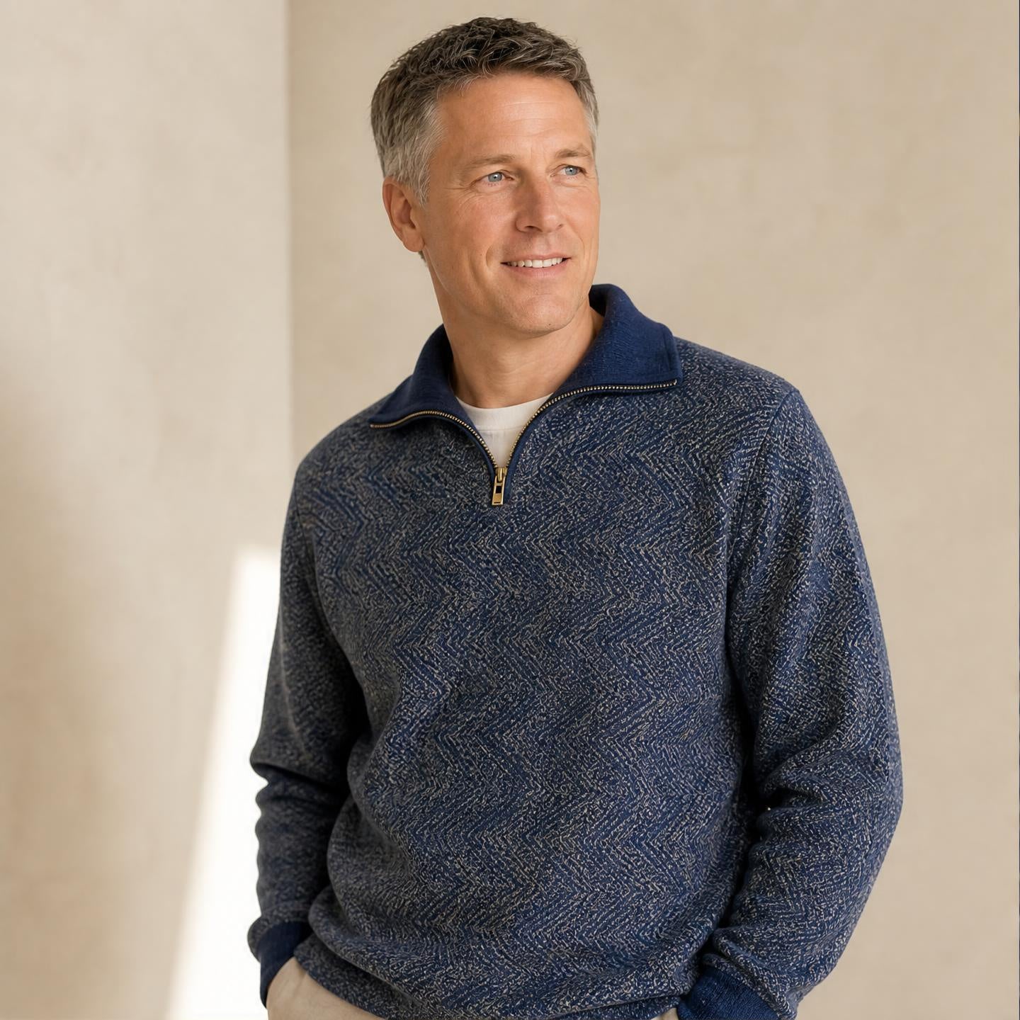 model wearing Men’s warm alpaca sweater with half zip neckline