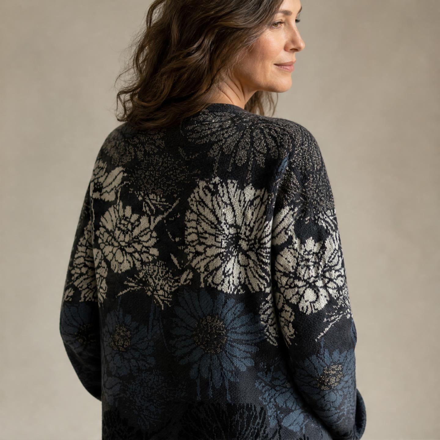 Long sleeve floral alpaca cardigan with dark blue and ivory detailing