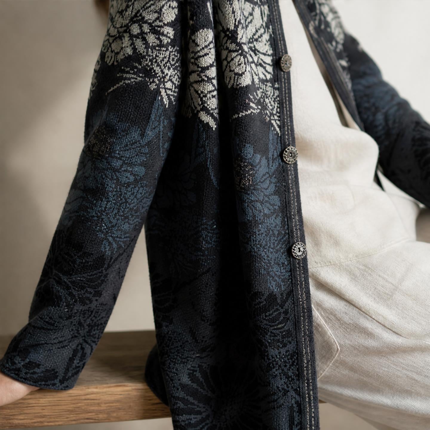Annie cardigan with elegant floral pattern worn by female model
