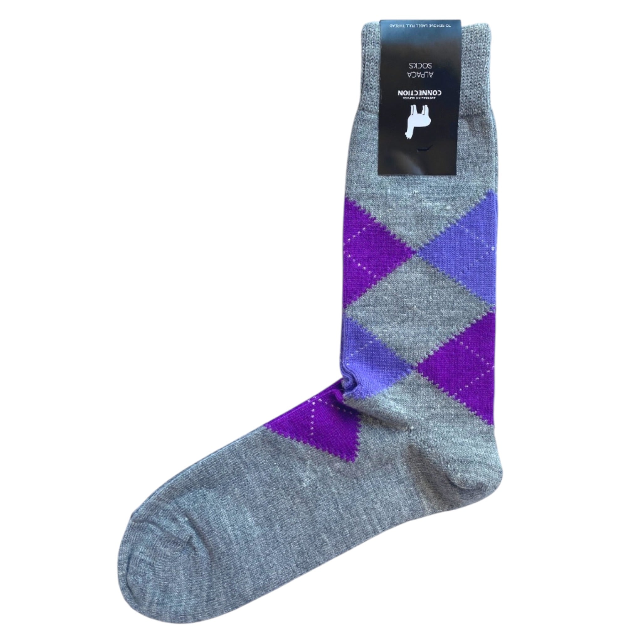 Purple and gray warm alpaca argyle socks, soft breathable socks for boots or lounging.
