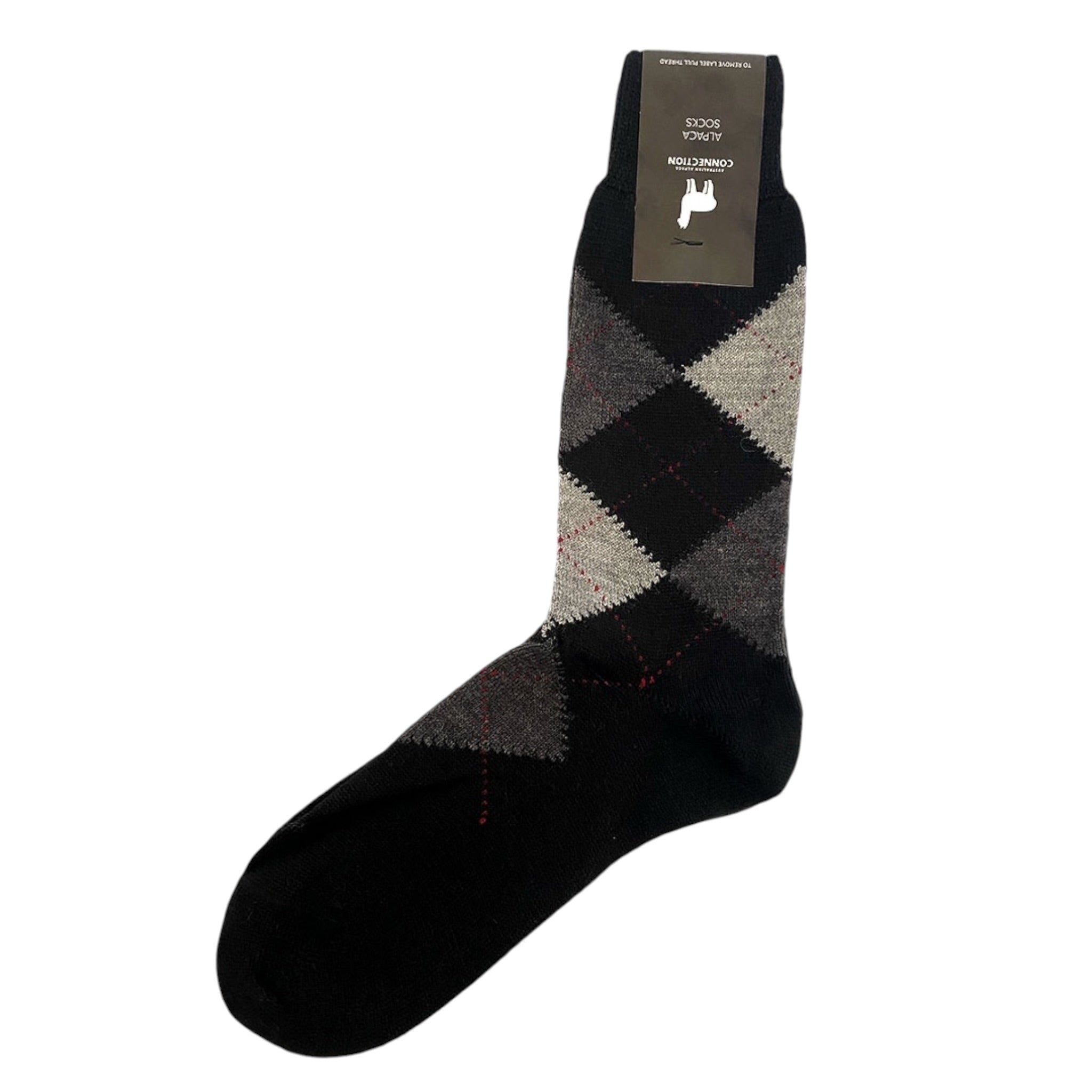 Soft alpaca argyle socks in charcoal tones, cosy natural fibre socks.