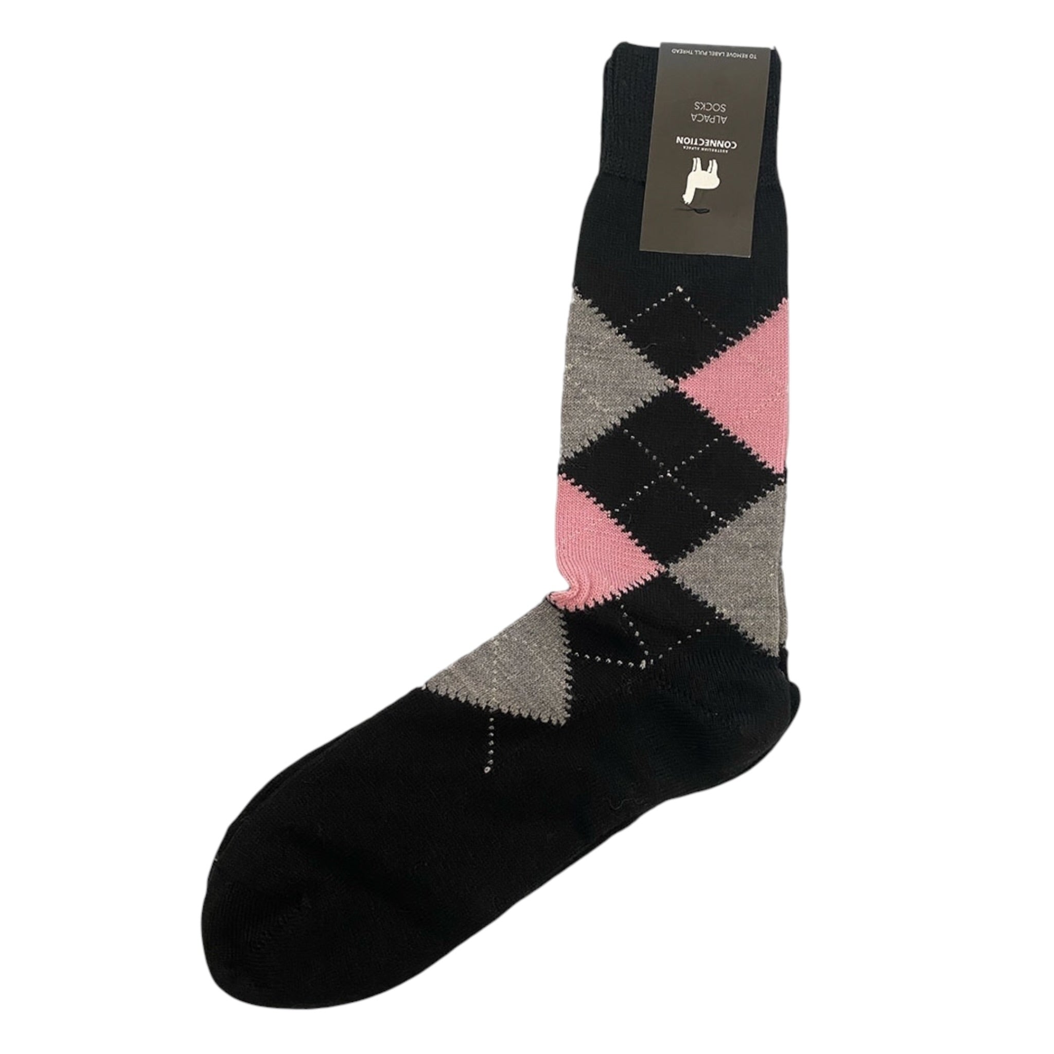 Alpaca argyle socks in pink and black, lightweight warm natural fibre socks.