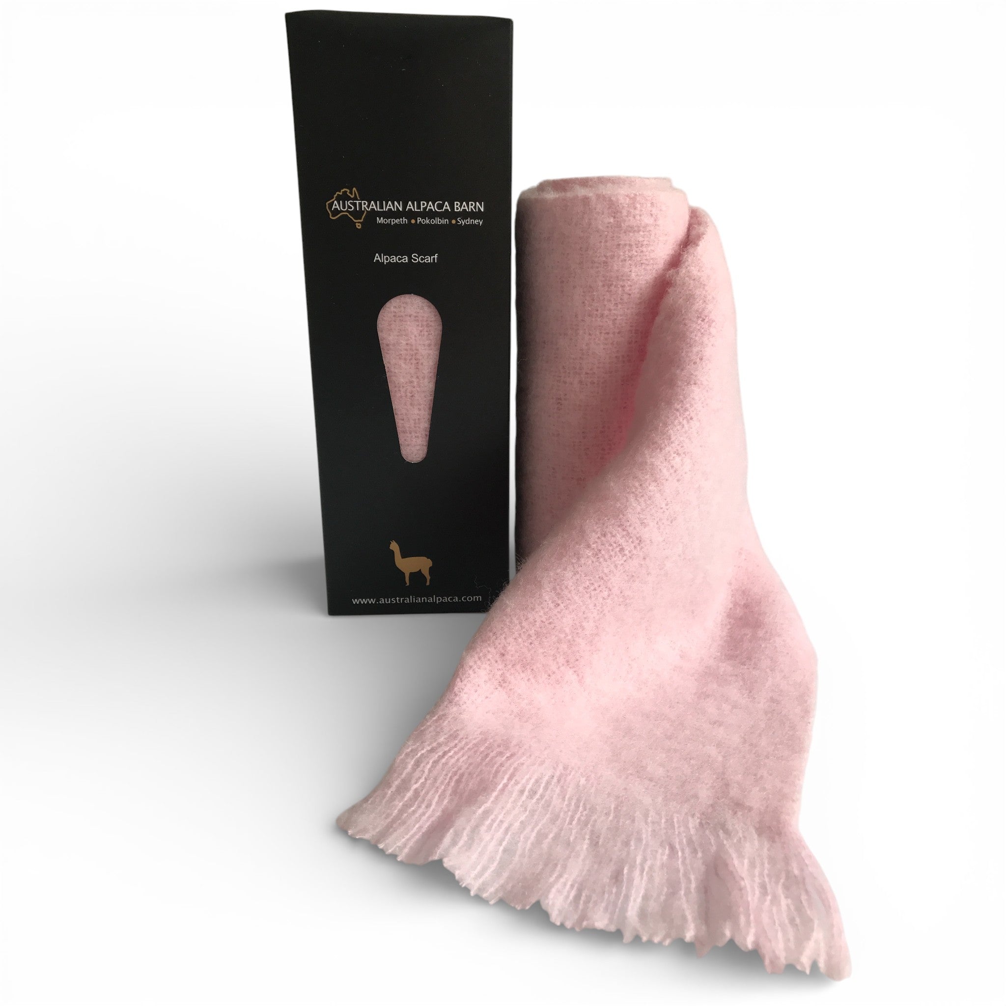 Pink alpaca scarf with packaging on a white background