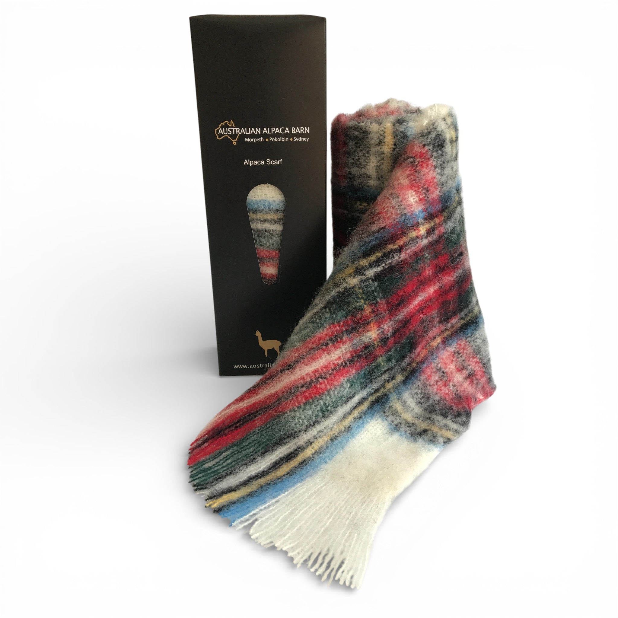 Soft brushed baby alpaca scarf in dress stewart tartan, lightweight luxury accessory.