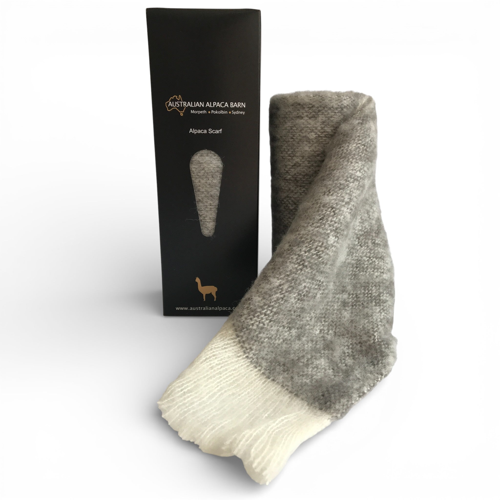 Warm baby alpaca scarf with brushed texture in grey, lightweight and soft for winter.