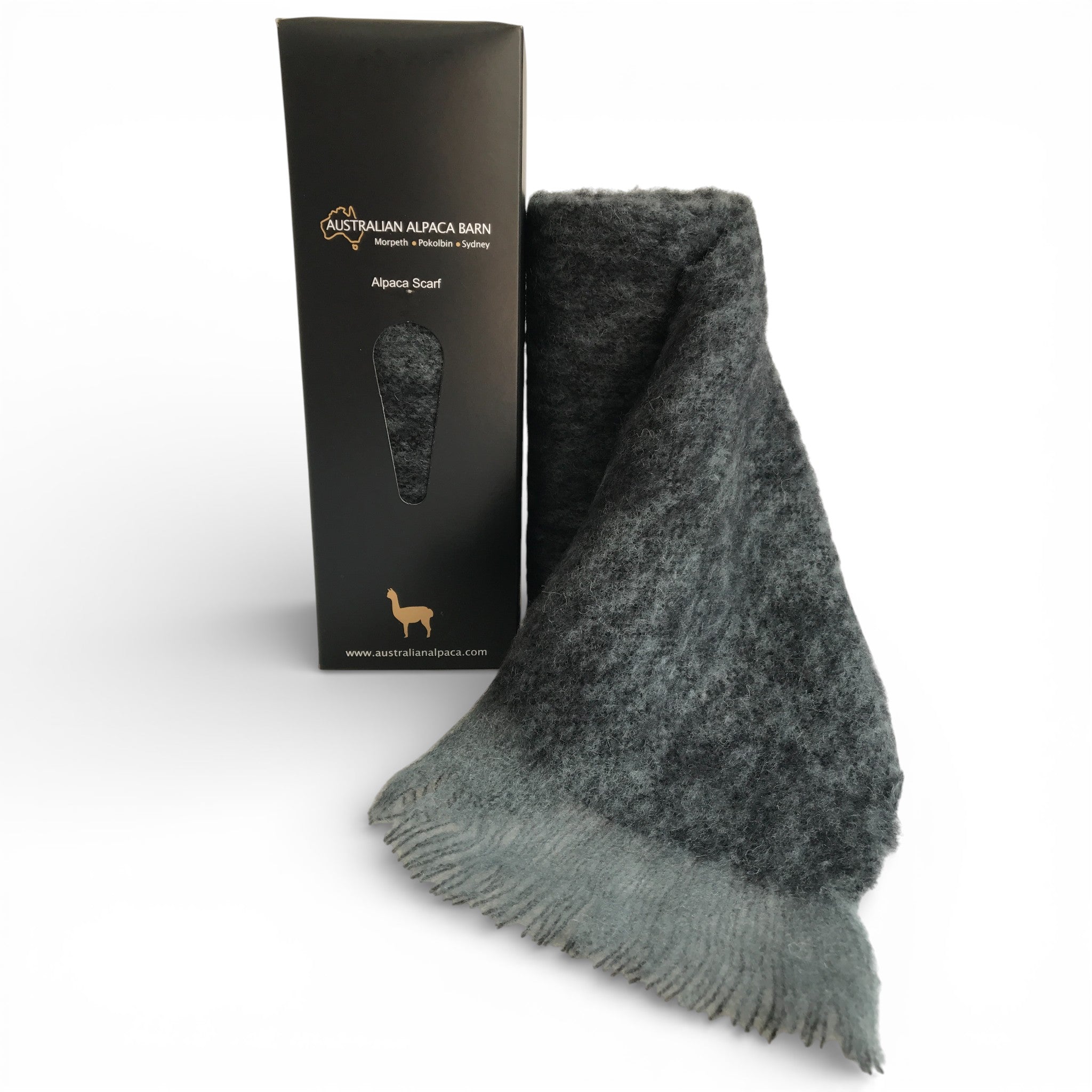 Brushed baby alpaca scarf in black and grey marl, elegant warm scarf for men.