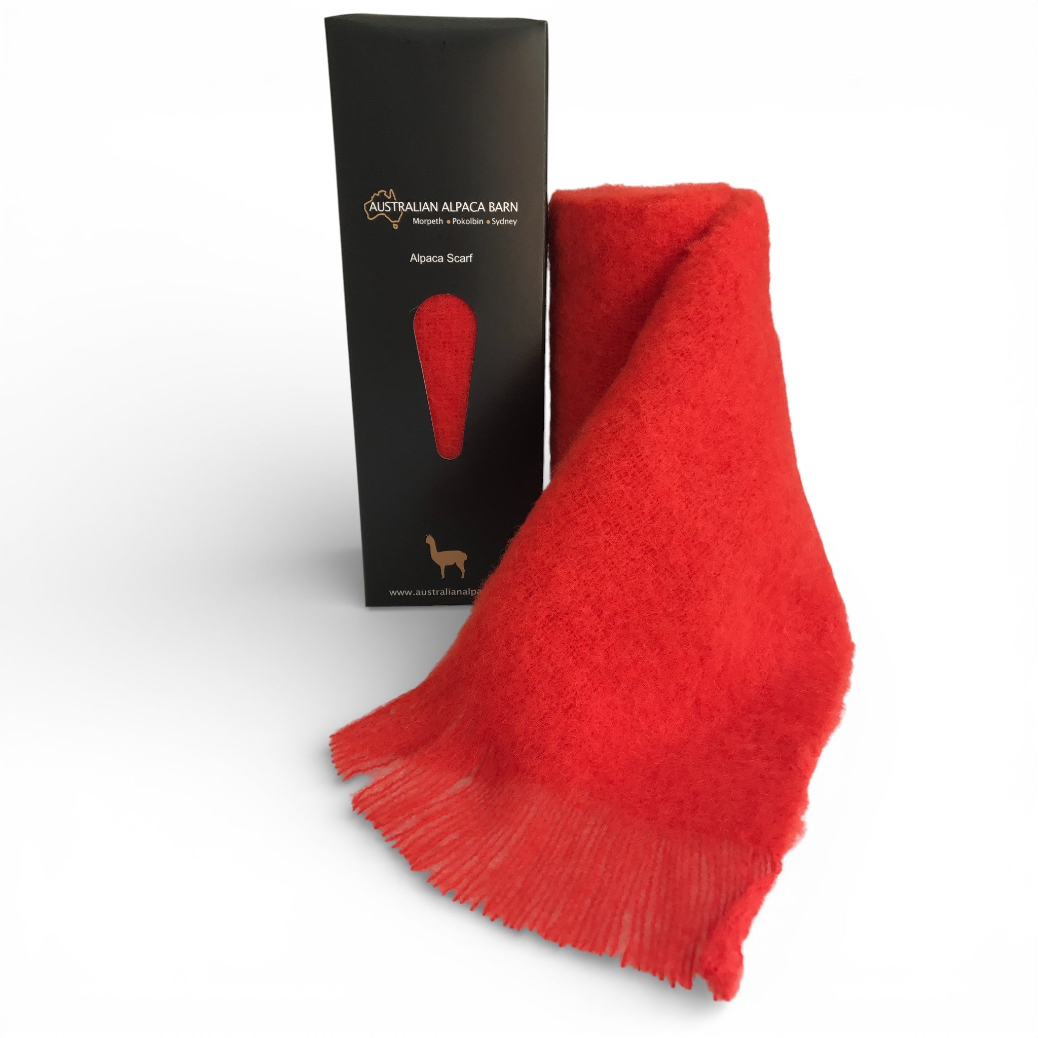 Orange brushed baby alpaca scarf with fringe, cosy natural fibre winter layer.