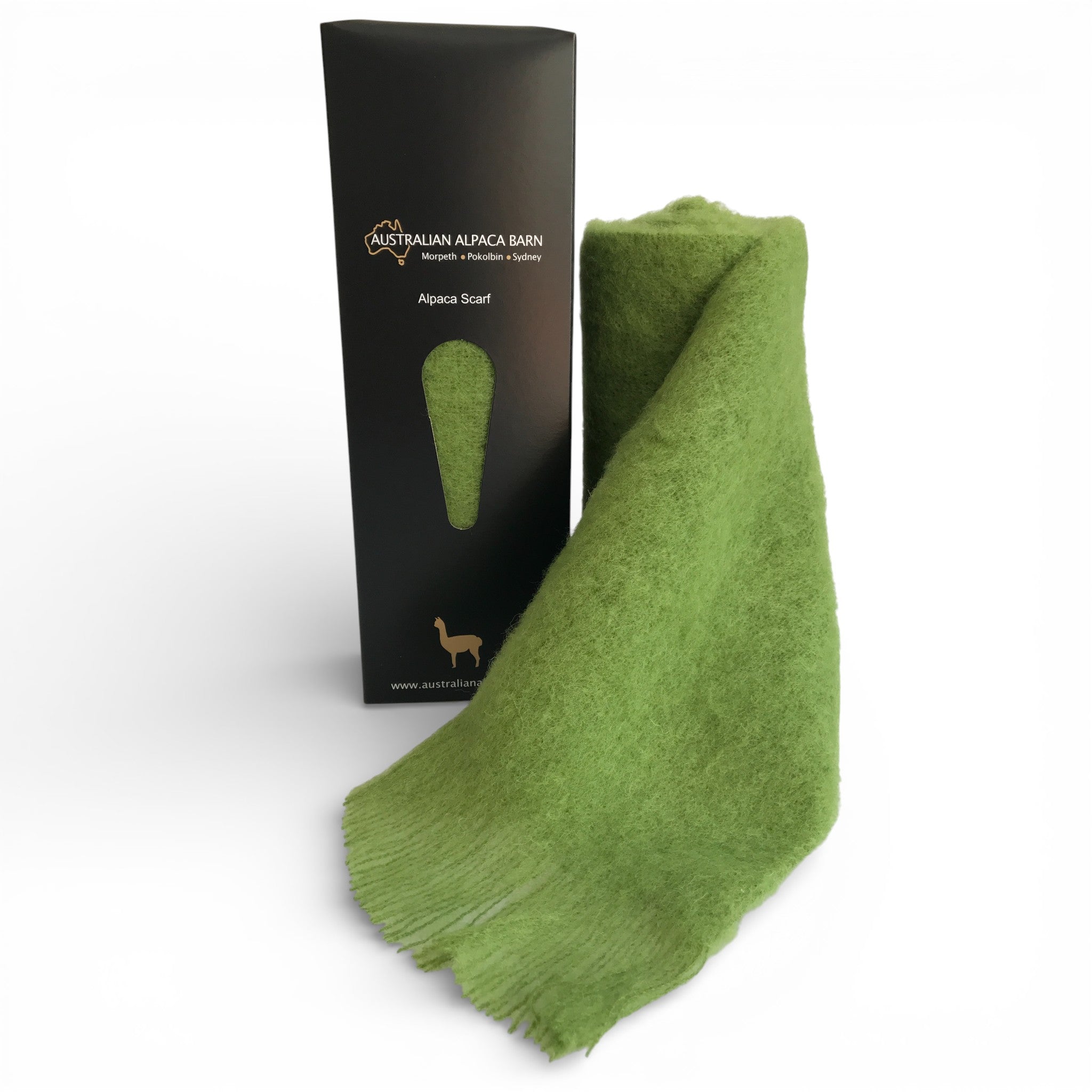 Brushed baby alpaca scarf in lime green, soft luxury winter gift for her.