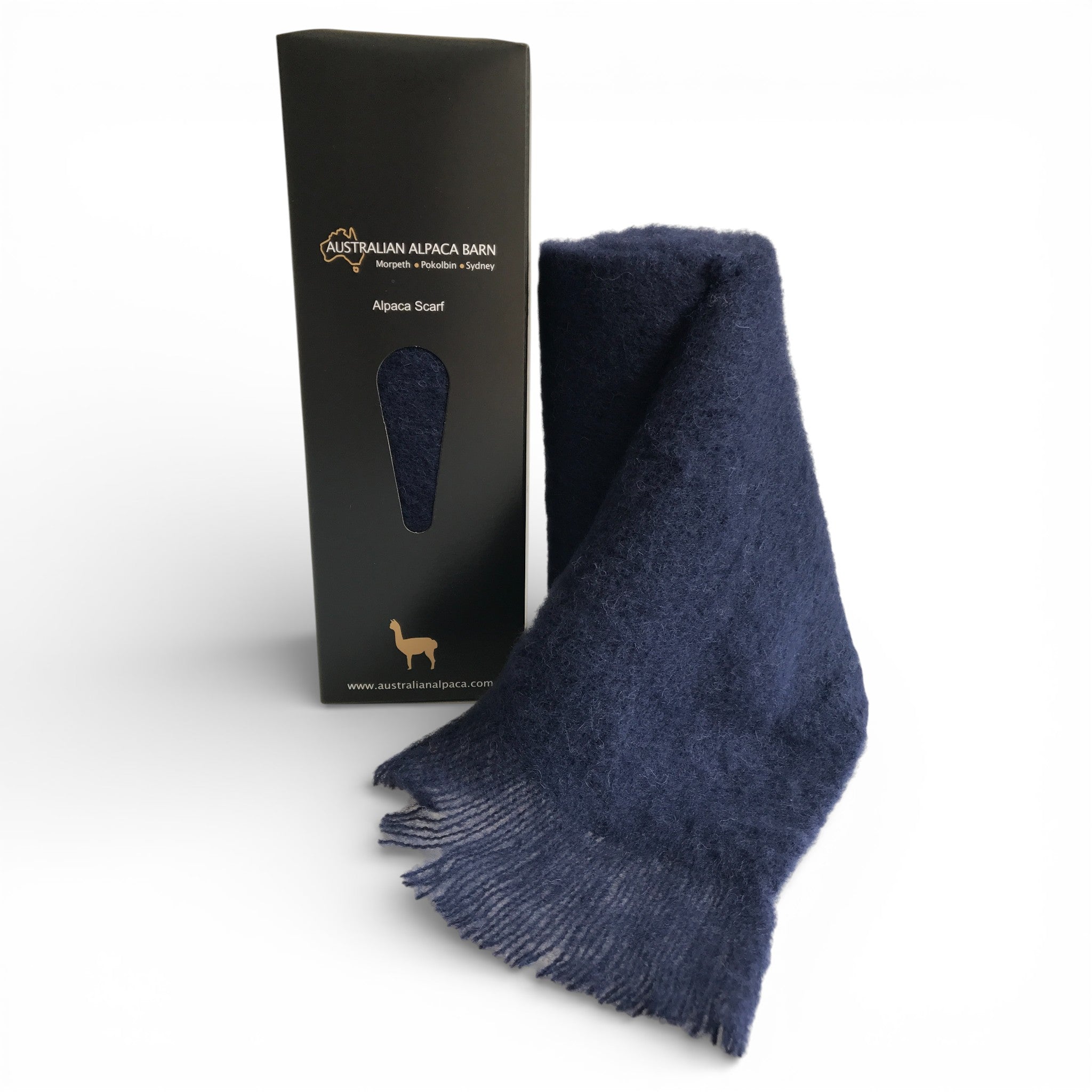 Luxury brushed baby alpaca scarf in navy, elegant cold weather accessory.