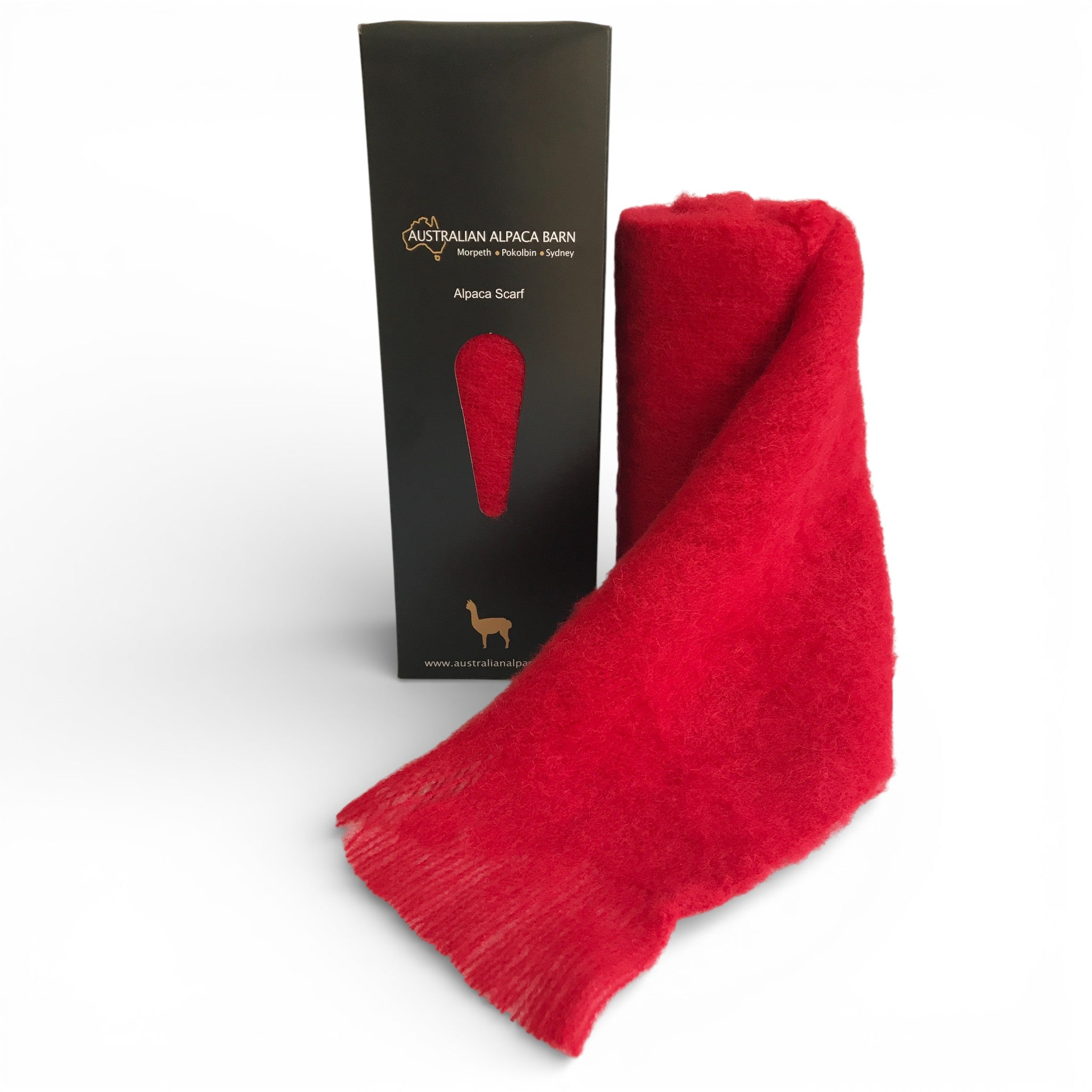 Soft brushed alpaca scarf in bright red, cosy natural fibre gift for winter.