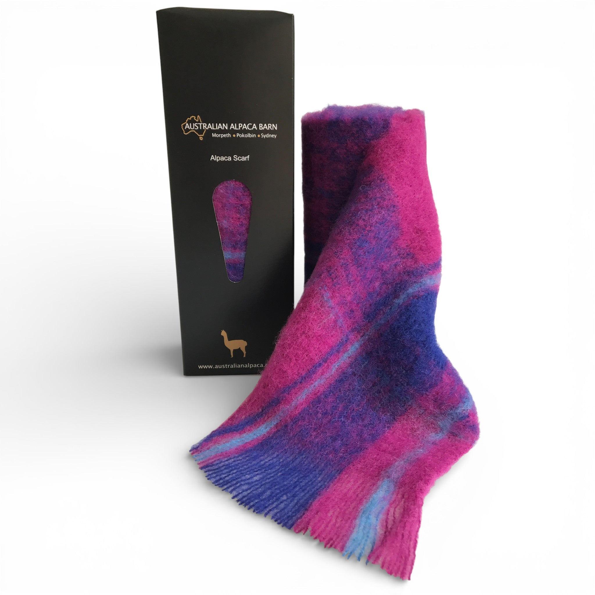 Hot pink and blue checked brushed baby alpaca scarf, soft lightweight scarf for cold weather.