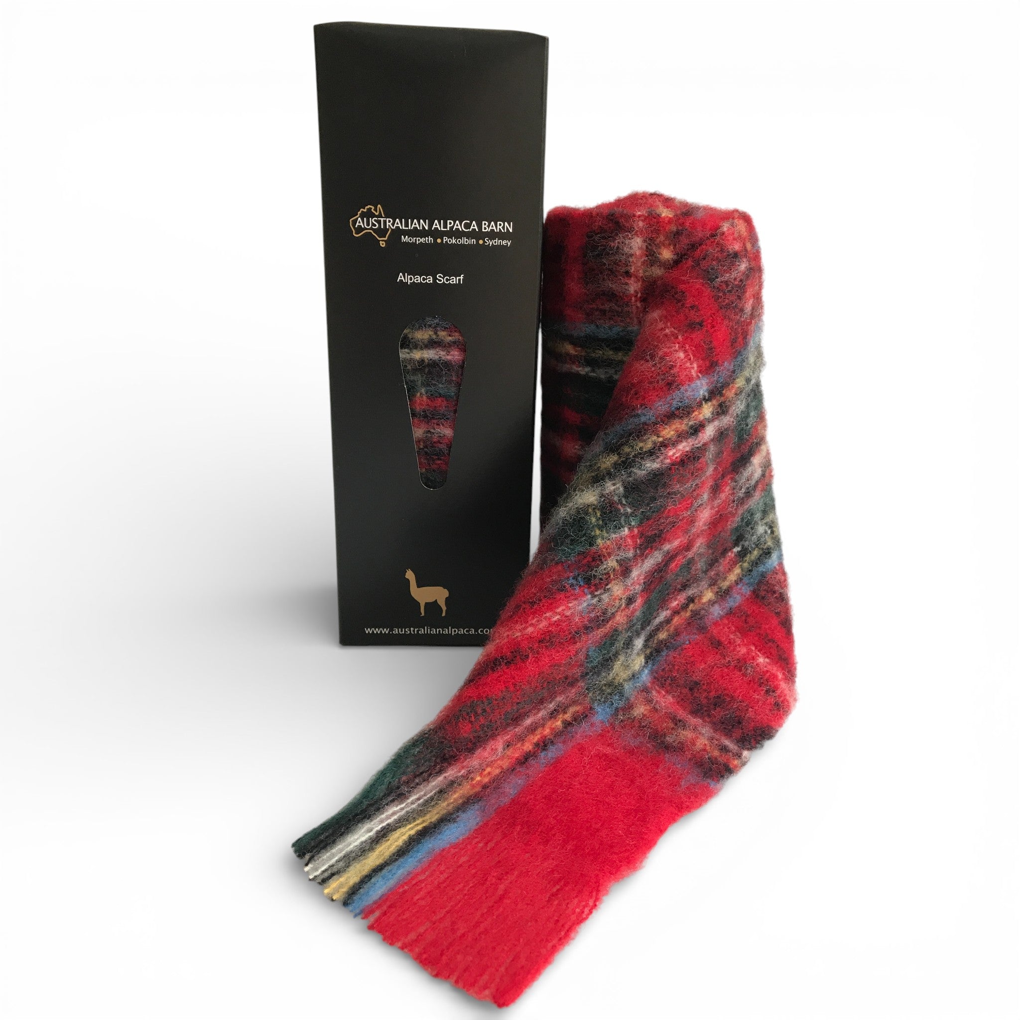 Royal Stewart Tartan baby alpaca scarf with brushed texture, warm winter scarf for everyday wear.