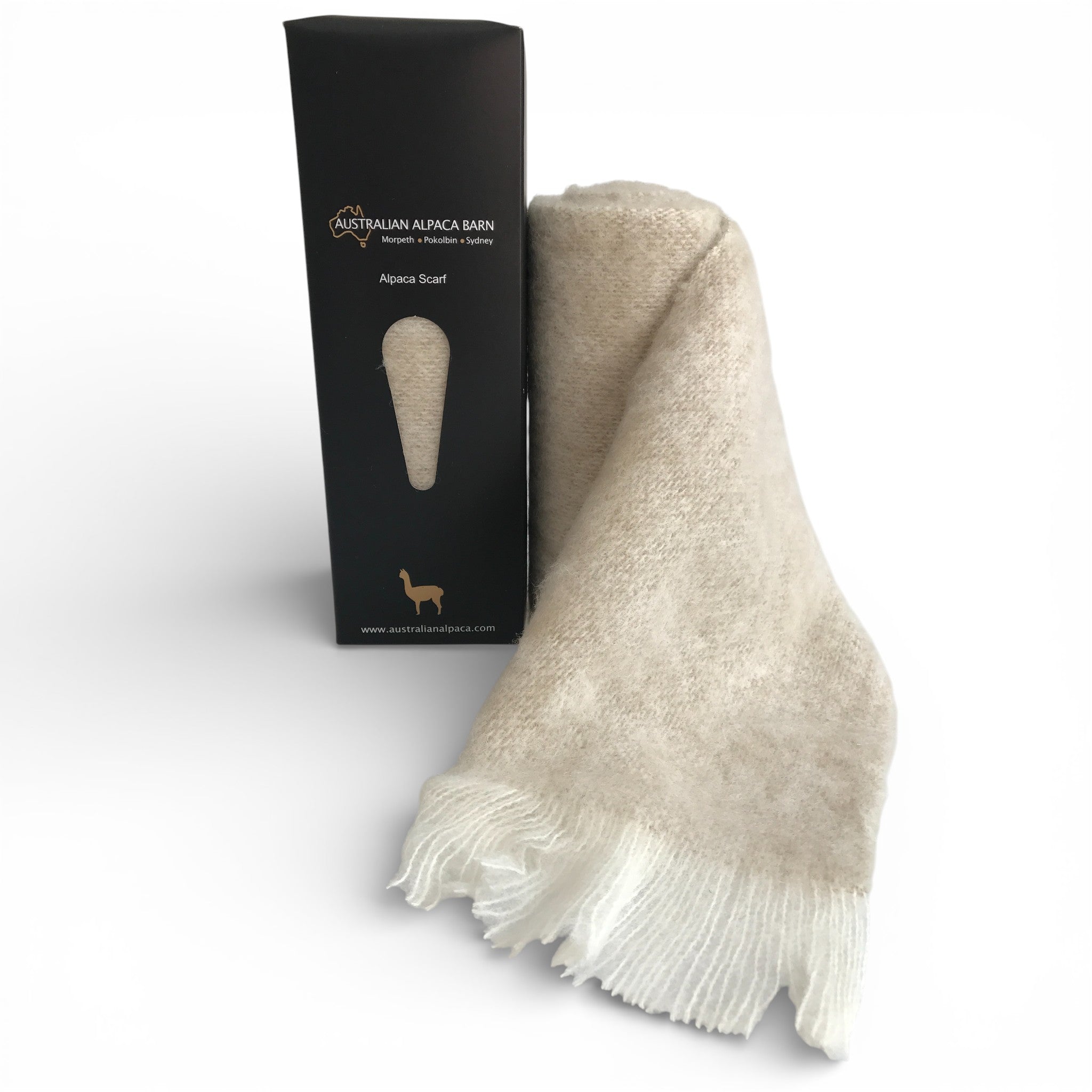 Luxury brushed baby alpaca scarf in beige, soft breathable winter layer.