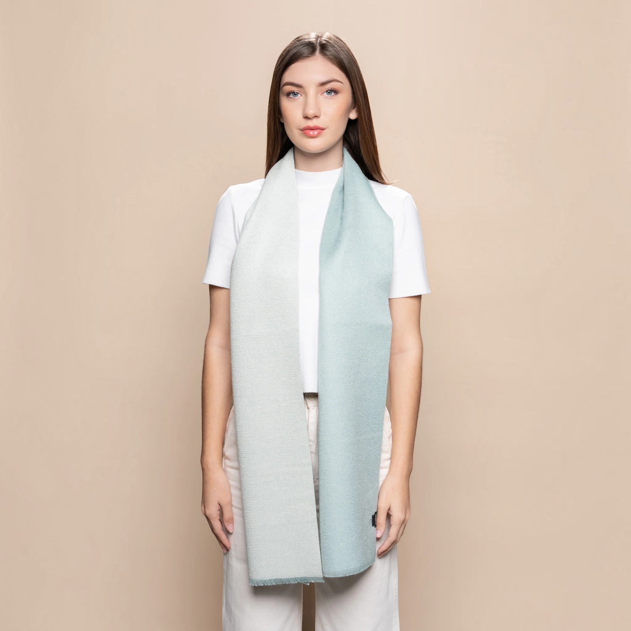 Aquamarine and soft aquamarine reversible Baby Suri Alpaca scarf with elegant two-tone design