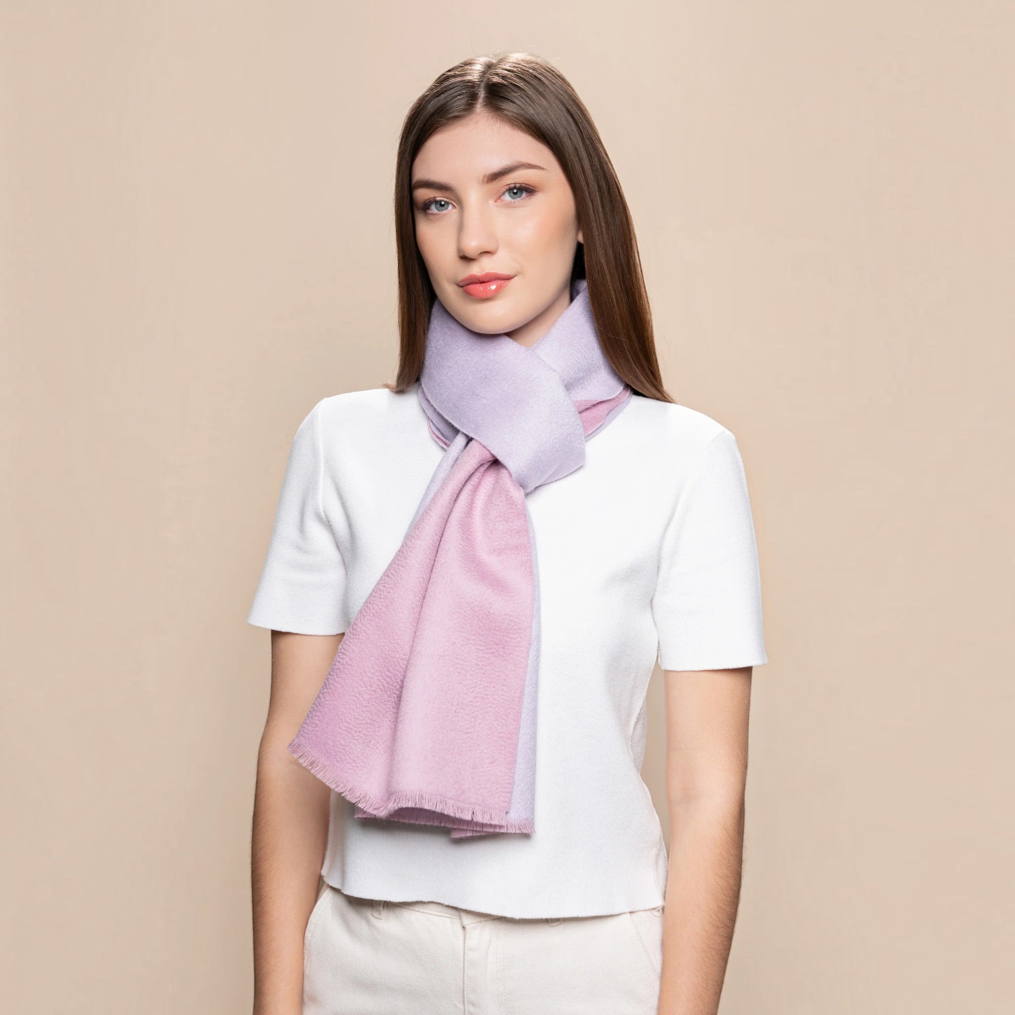 100% Baby Suri Alpaca reversible scarf in soft pink and light purple with frayed edges