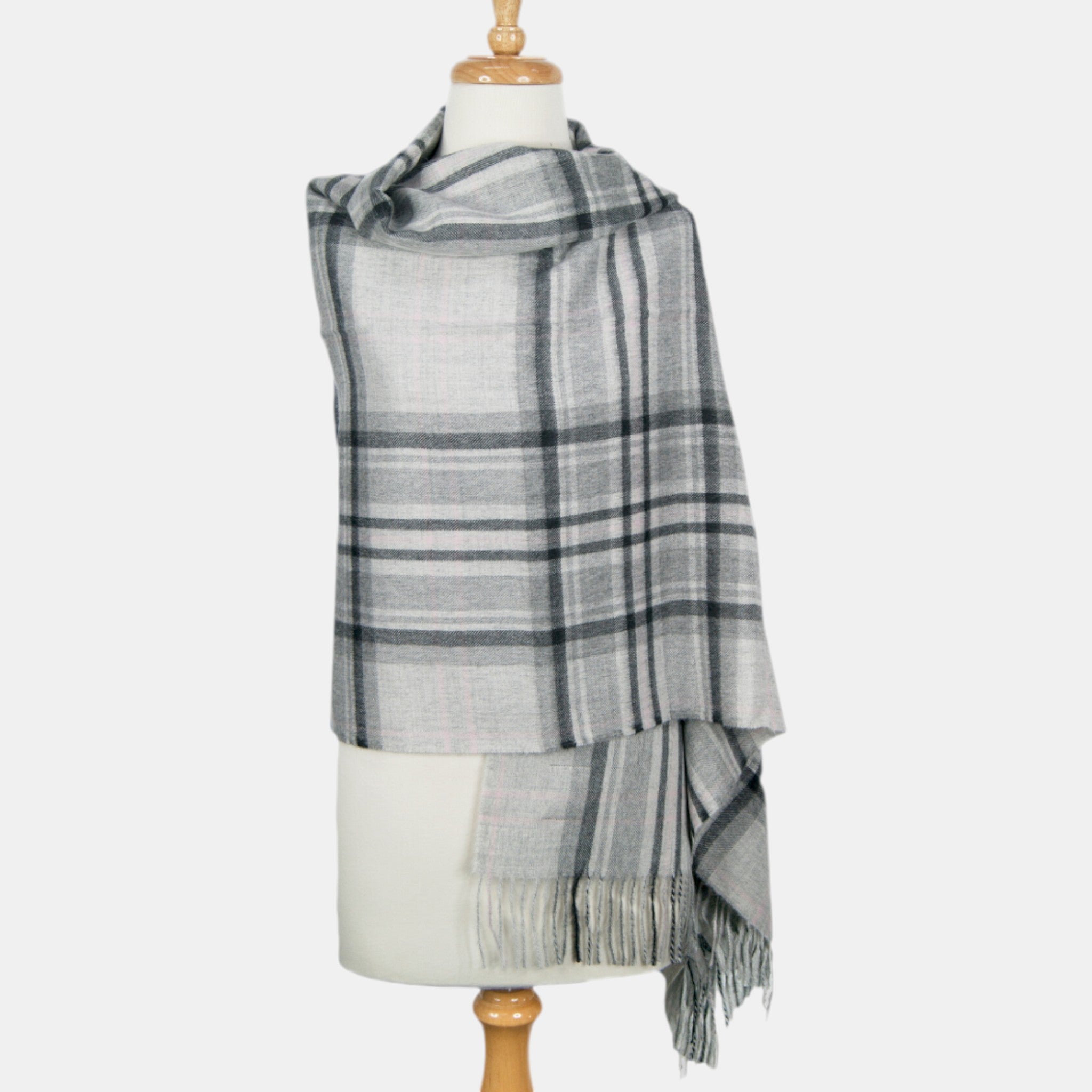 Soft Suri alpaca shawl in grey plaid, lightweight luxury winter wrap.