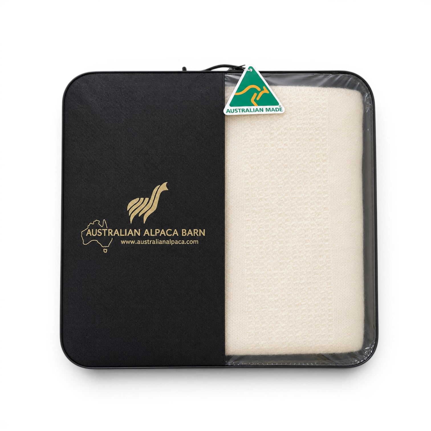 Warm Australian made alpaca blanket with elegant timeless design in Australian Alpaca Barn packaging