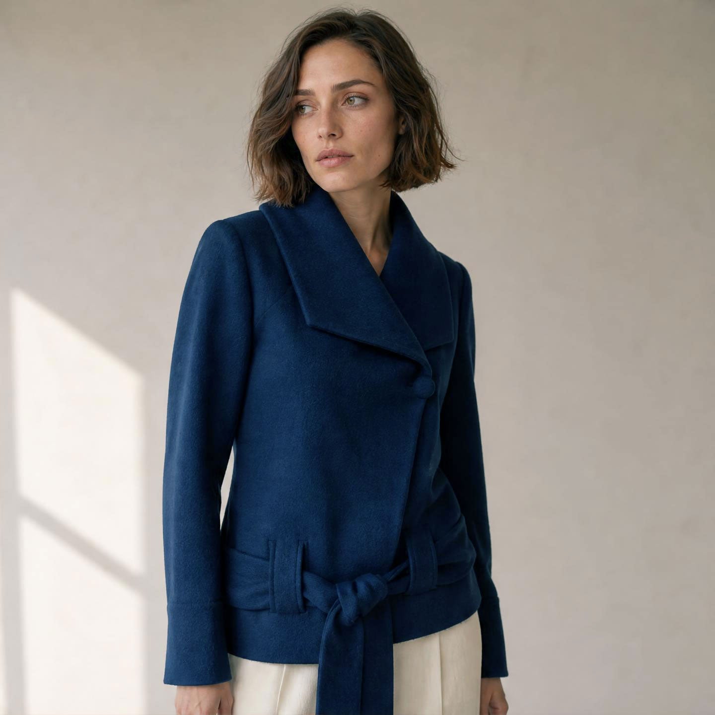 Woman wearing the Bethany Baby Alpaca Jacket in Blue Steel