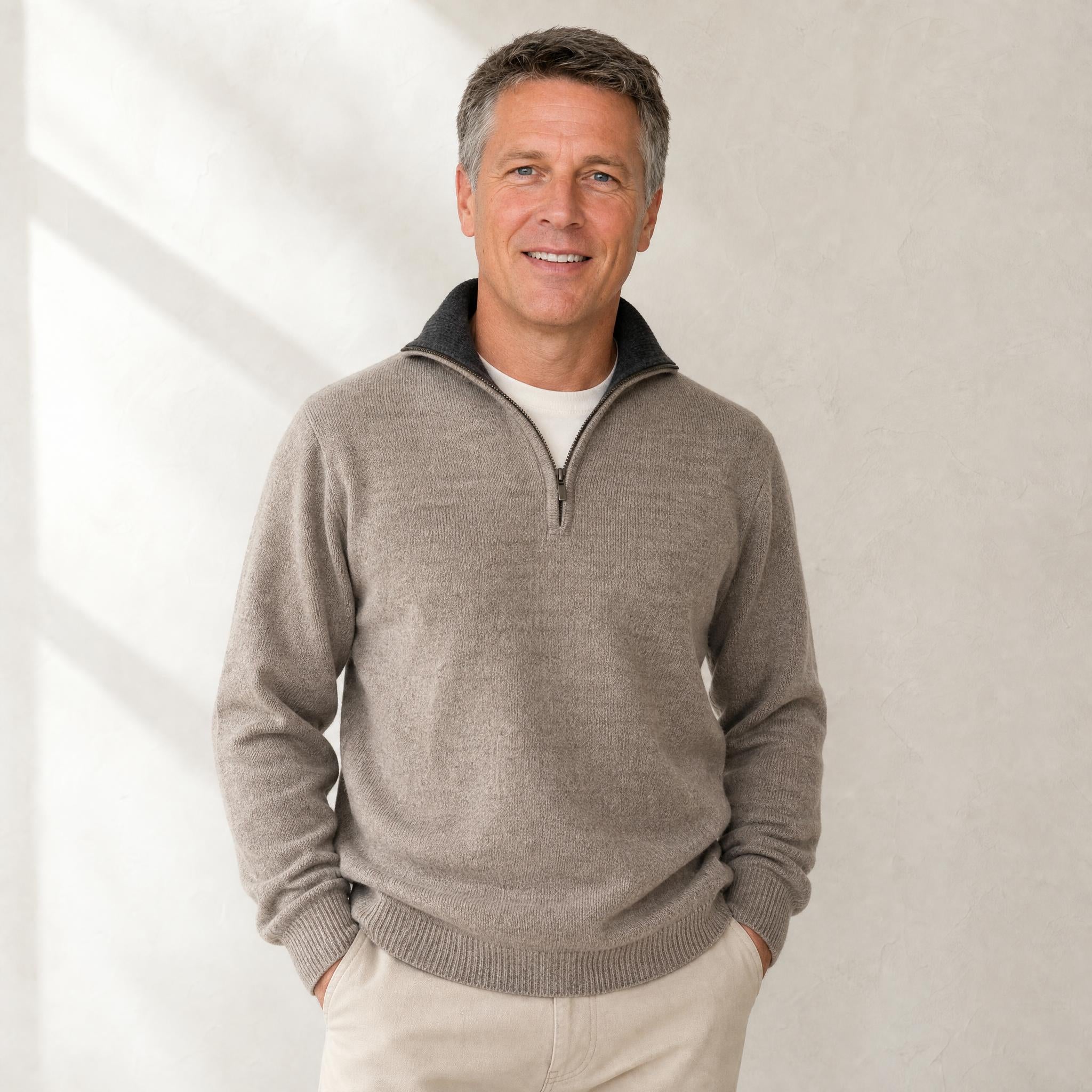 Men’s 100% alpaca half zip sweater in classic winter style