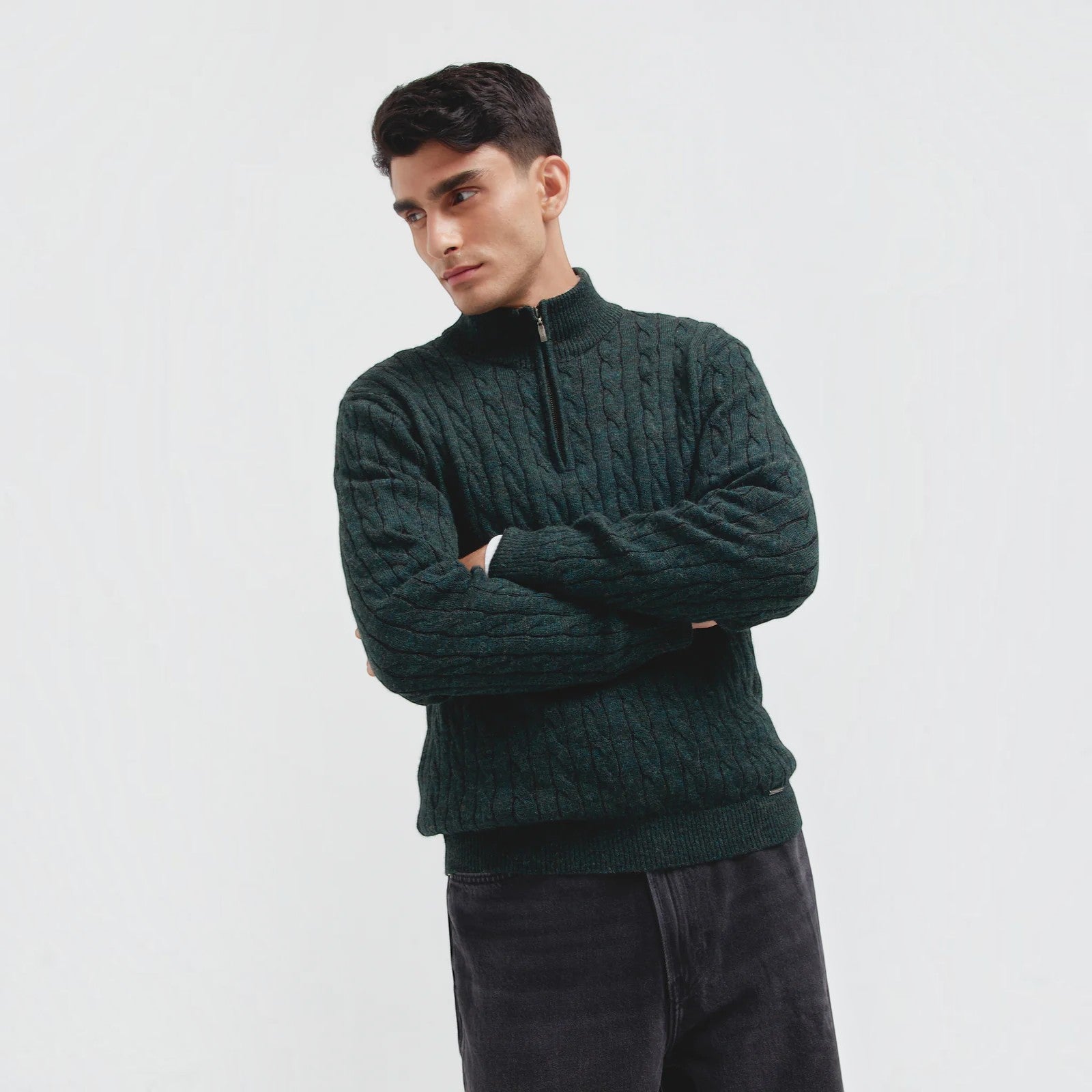 Calypso men’s 100% Baby Alpaca half zip sweater in deep green