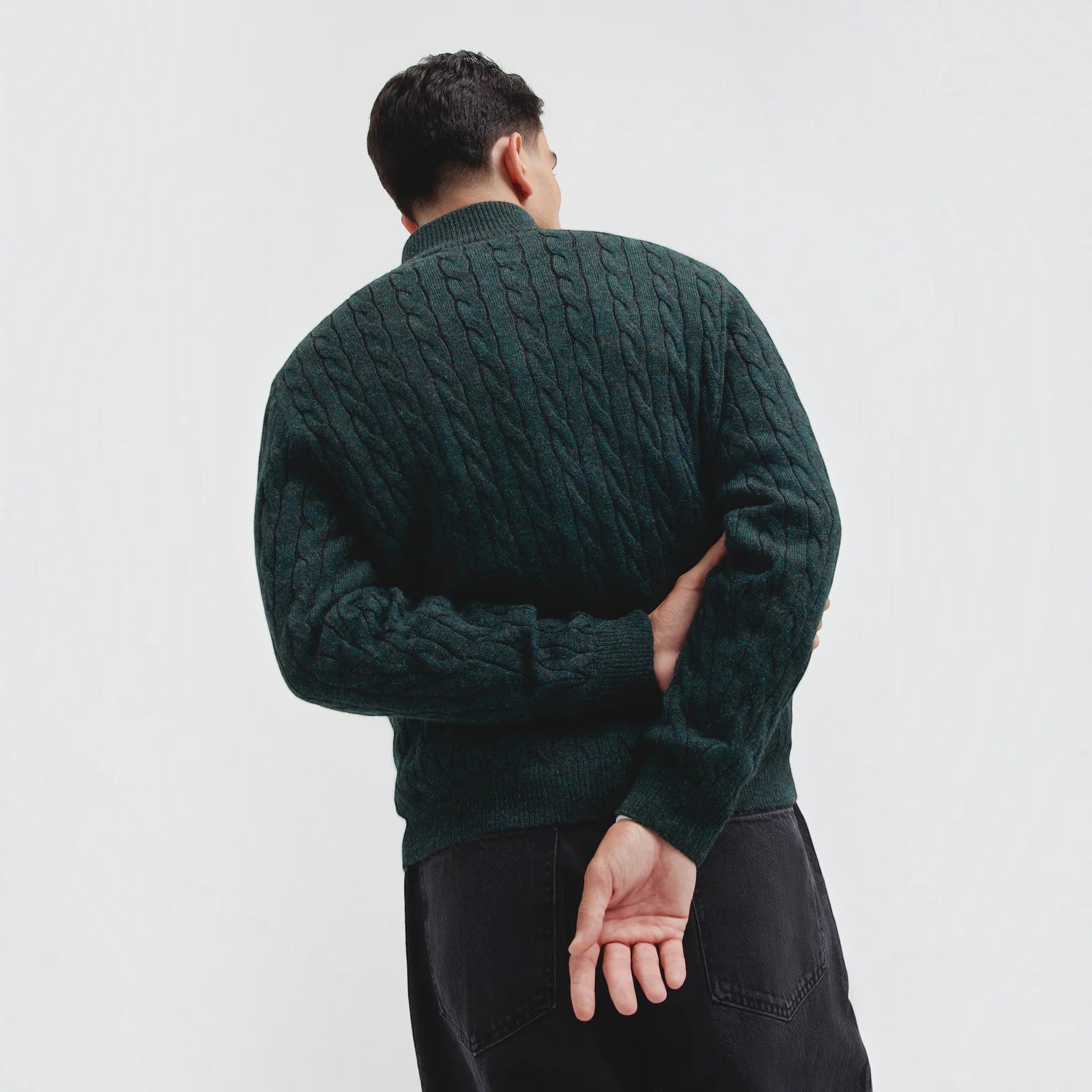 Men’s green Calypso Baby Alpaca cable knit sweater with zip neck