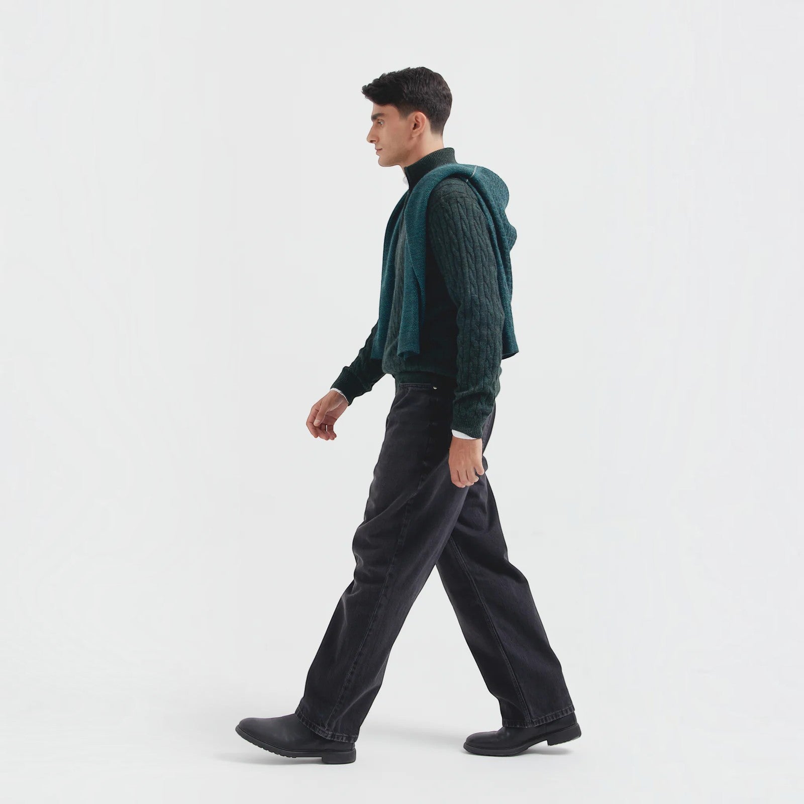 Calypso Baby Alpaca Troyer sweater in green styled on male model
