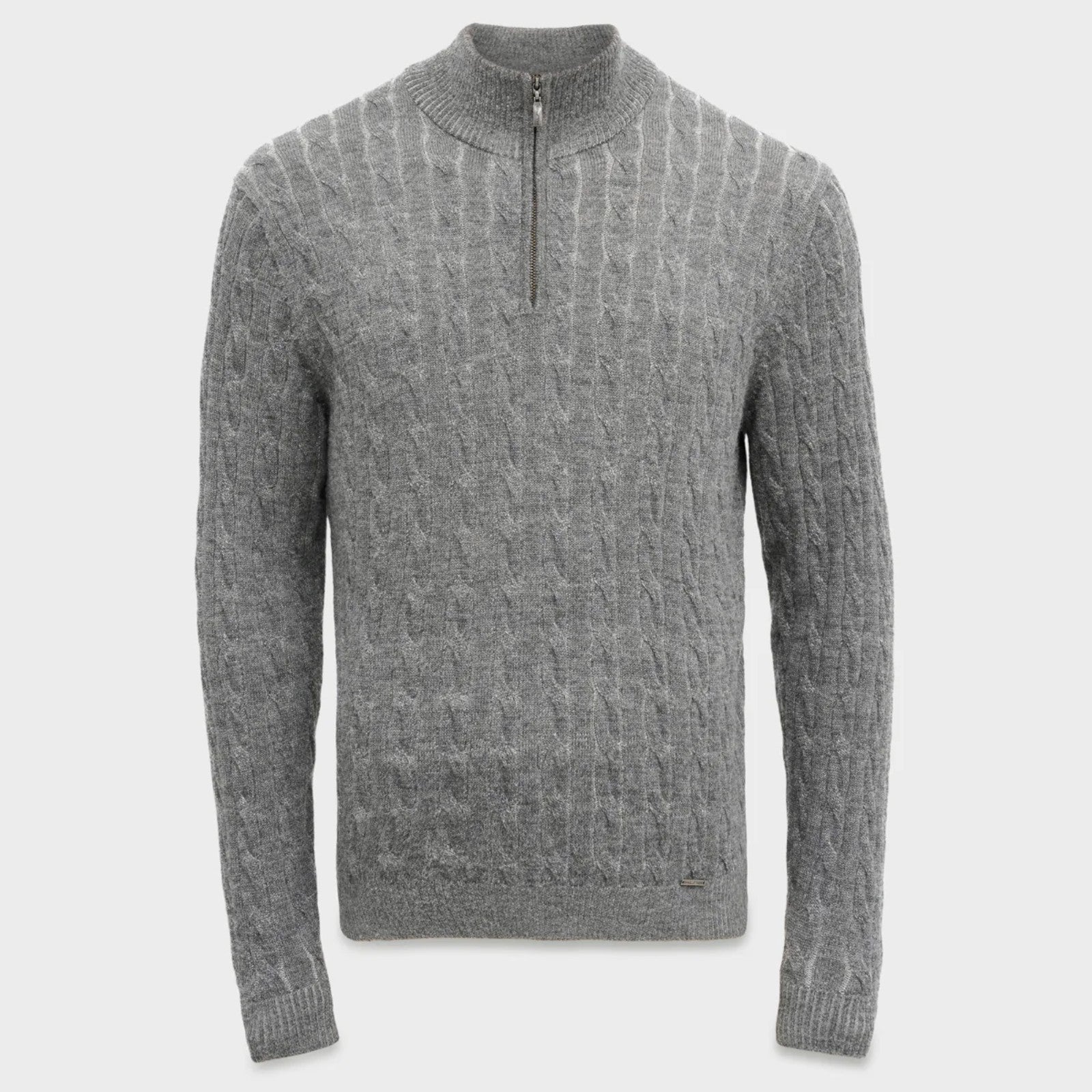 Grey men’s alpaca sweater with half zip collar and textured knit